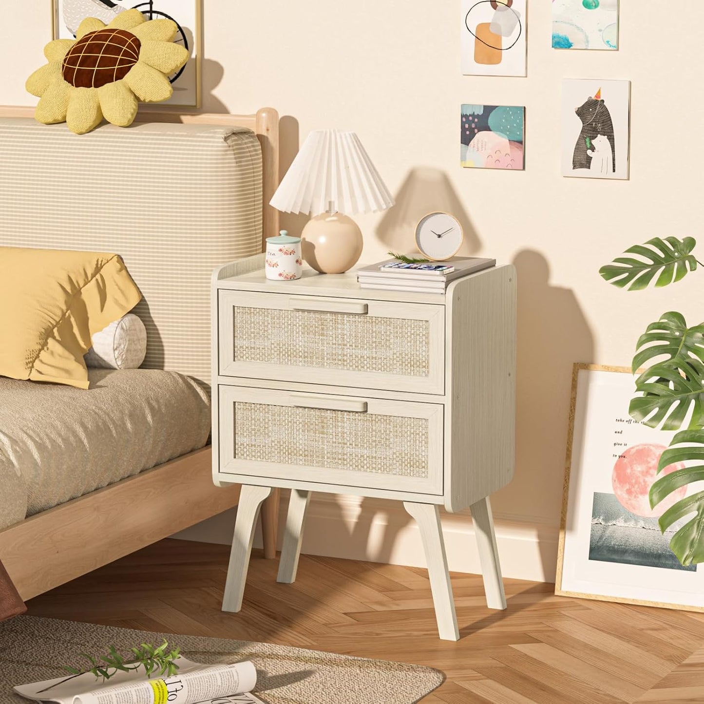 Lerliuo Rattan Nightstands Set of 2, Boho Night Stand with 2 Drawers, Cane Accent Side End Table, Bedside Table with Solid Wood Legs for Bedroom, Dorm and Small Spaces (Grey Oak)