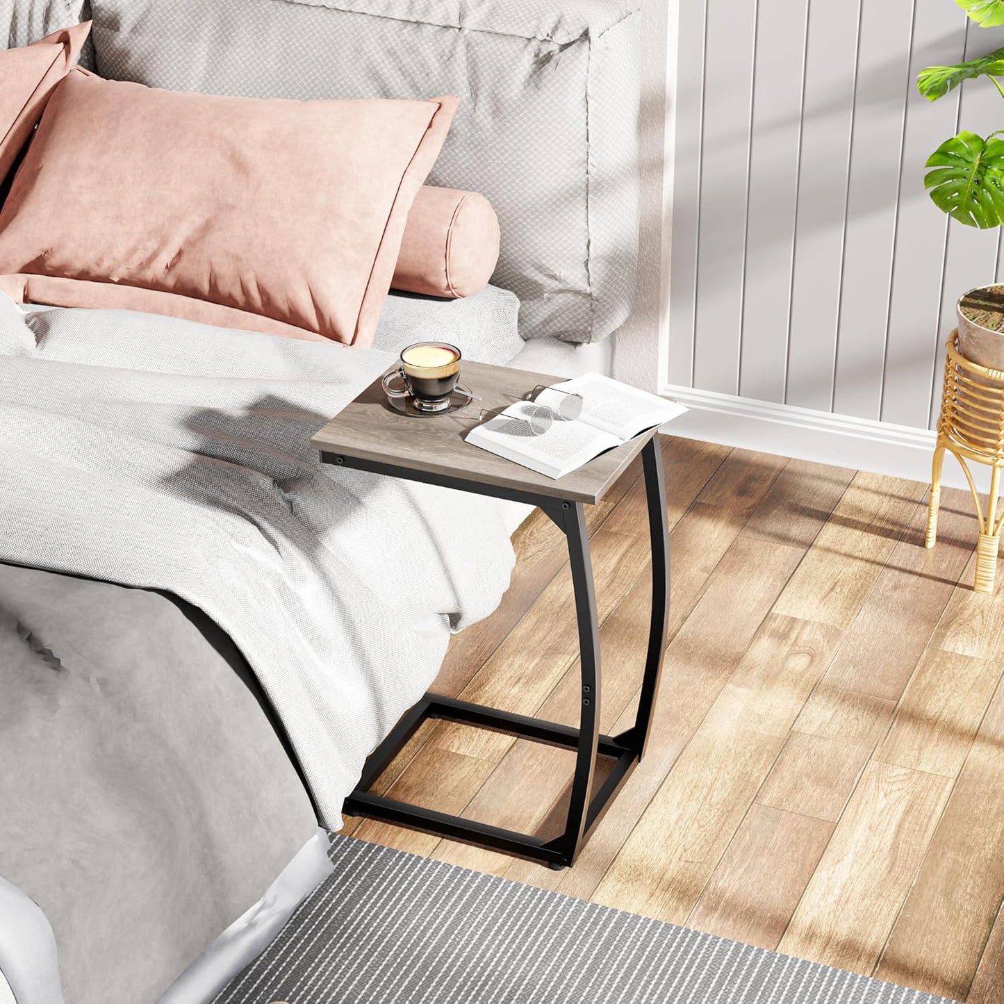 C-Shaped End-Table Set of 2 - Side Table for Couch,Curved Support Legs, Slide Under Couch Table for Sofa, TV Tray Table for Living Room Bedroom（Lvory）