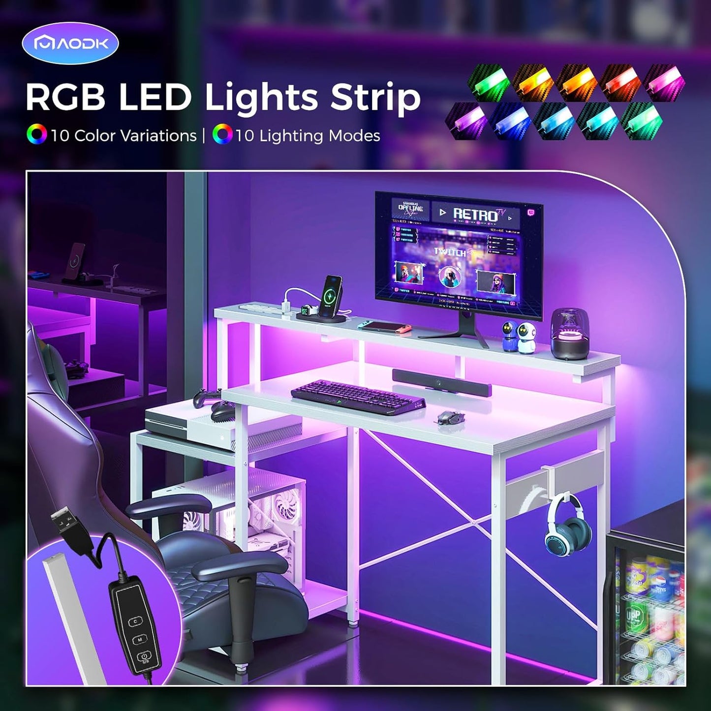 AODK Computer Desk, 48 Inch Gaming Desk with Led Lights & Power Outlet, Office Desk with Storage Shelves, Reversible Desk with Monitor Shelf & Headphone Hook, White