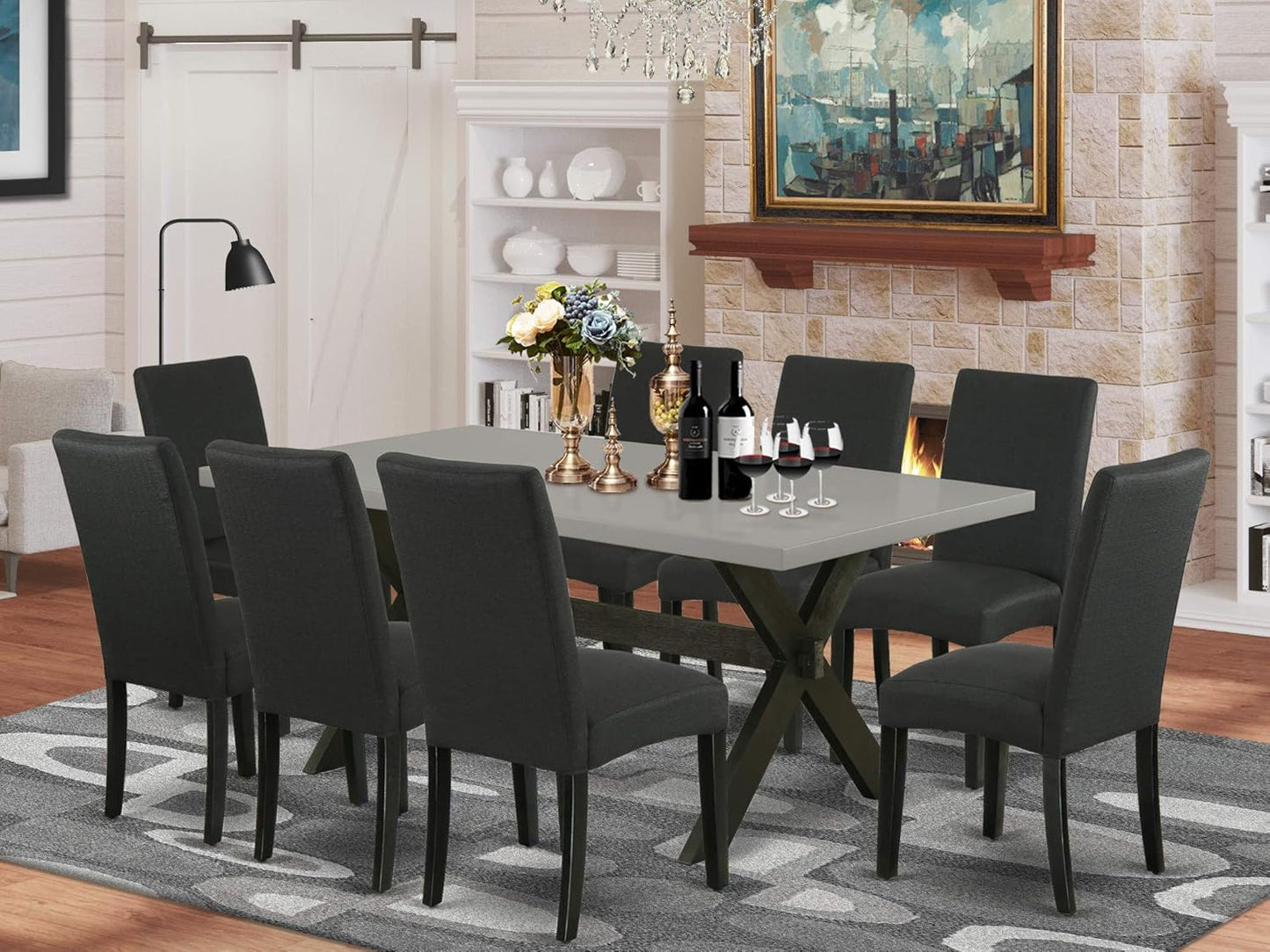 East West Furniture X697DR124-9 9 Piece Modern Dining Table Set Includes a Rectangle Wooden Table with X-Legs and 8 Black Color Linen Fabric Upholstered Chairs, 40x72 Inch, Multi-Color