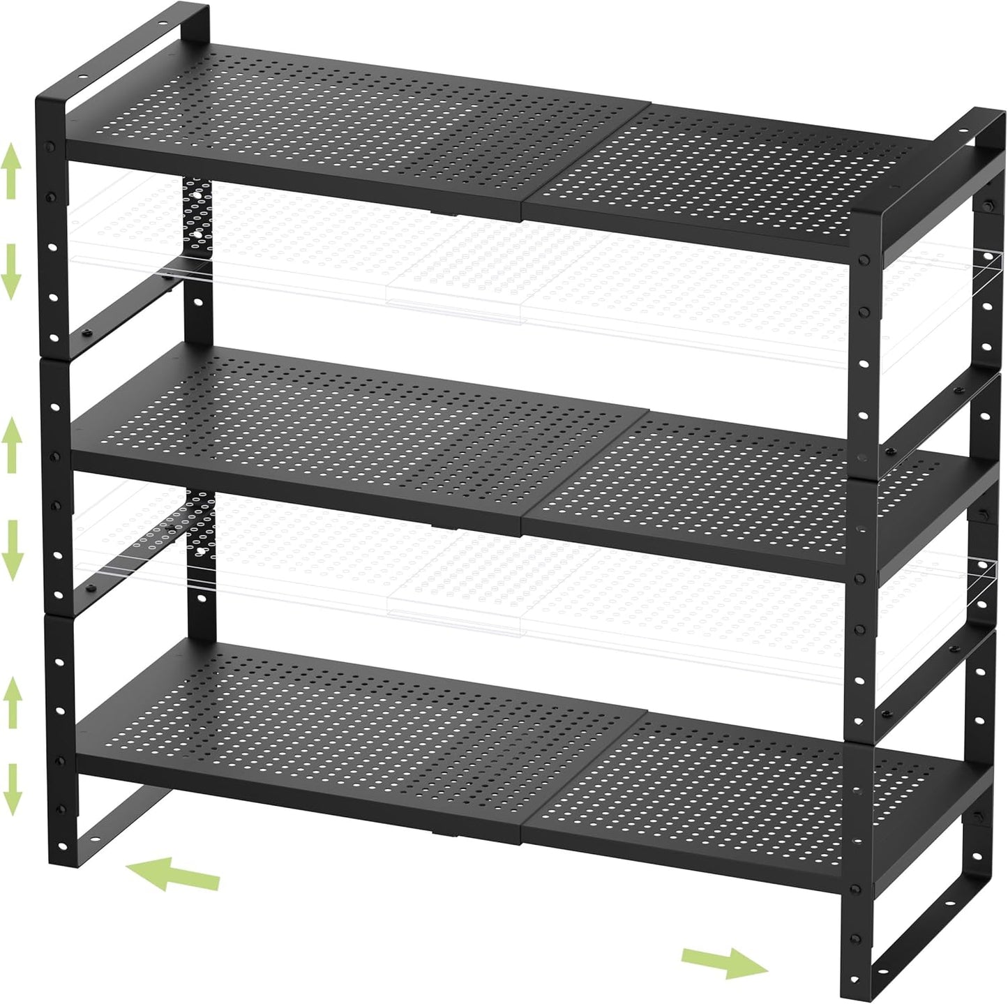 Expandable Stackable Aadjustable Shoe Rack Pantry Shelf for Kitchen Cabinets Counter Shelves Countertop Cupboard Storage Solution,Sturdy Heavy-Duty Metal Construction(3Packs/Black/Large)