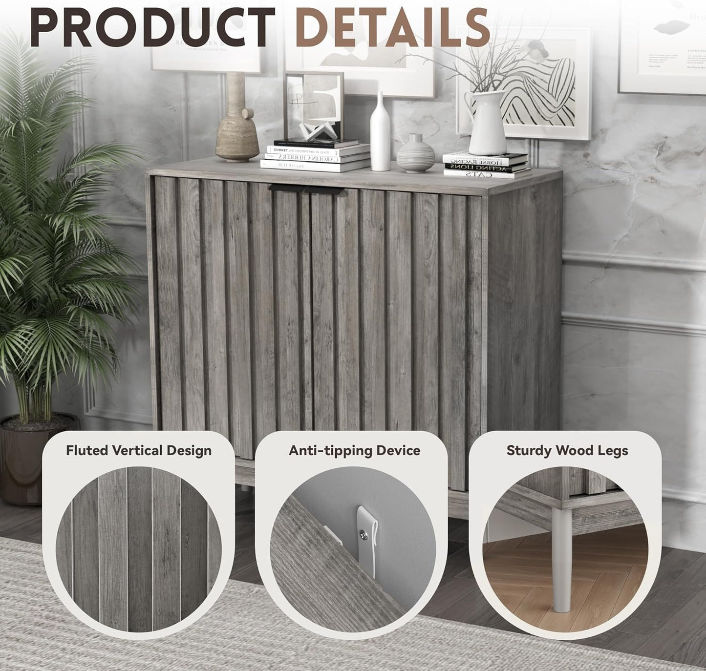 Fluted Cabinet with Storage, Small Buffet Cabinet Sideborad with Door, Kitchen Buffet Storage Accent Cabinets with Adjustable Shelves for Living Room, Entry, Hallway, Gray