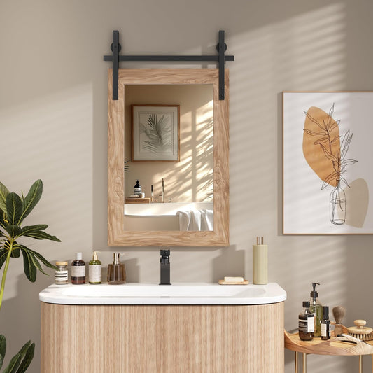 Hasipu Farmhouse Bathroom Mirror, 18"x26" Rustic Wood Framed Wall Mounted Mirror, Brown Vintage Vanity Mirror Barn Door Style Decrative Mirrors