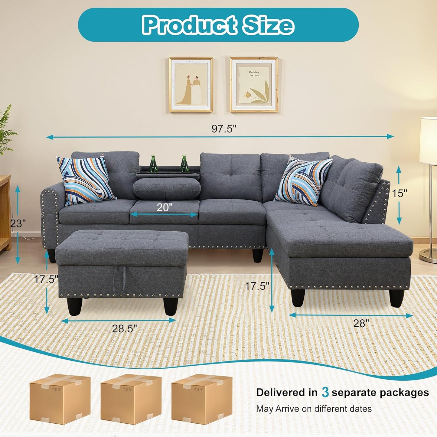 Couches for Living Room Modern L Shaped Couch Comfy Linen Fabric 3 Pieces Sectional Sofa with Chaise, Ottoman with Storage for Office and Small Apartment, Charcoal