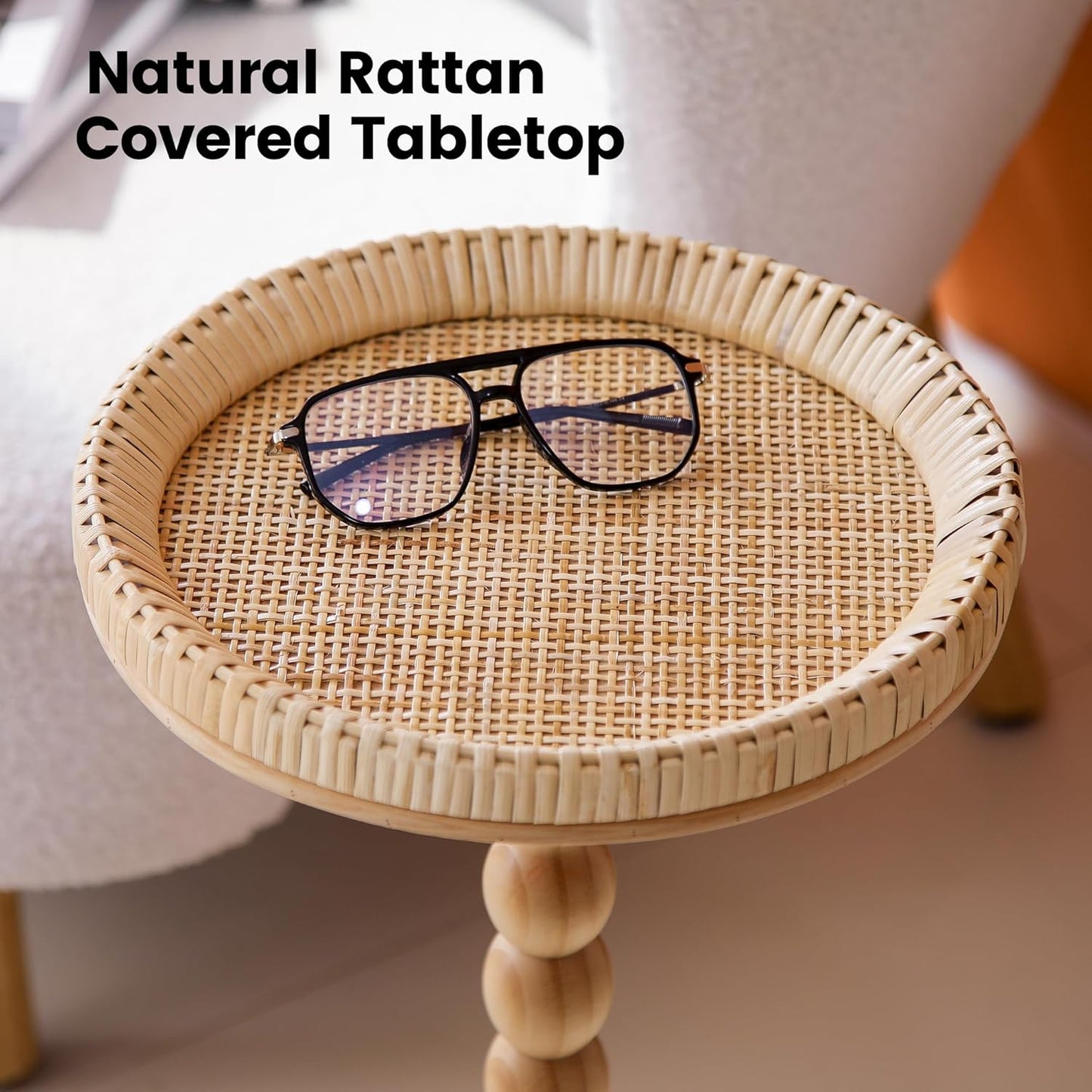 Drink Table，Rattan Round Small Side Table for Small Spaces, Boho Circle End Table Coffee Table with Solid Wood Leg for Living Room, Pedestal Table for Bedroom, Corners