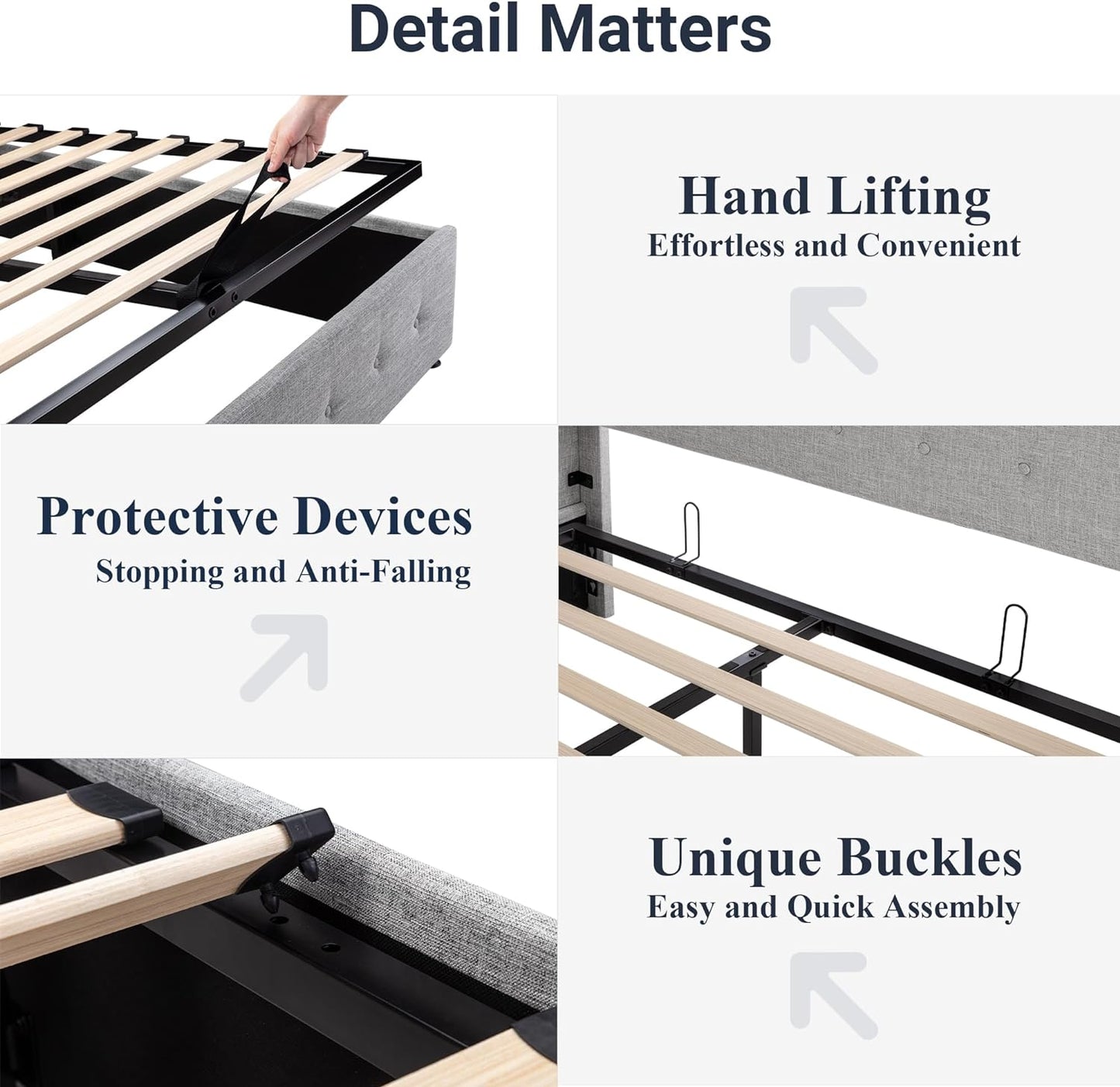 Allewie Queen Size Lift Up Storage Bed, Button Tufted Headboard with Wingback, Hydraulic Support, No Box Spring Needed, Light Grey