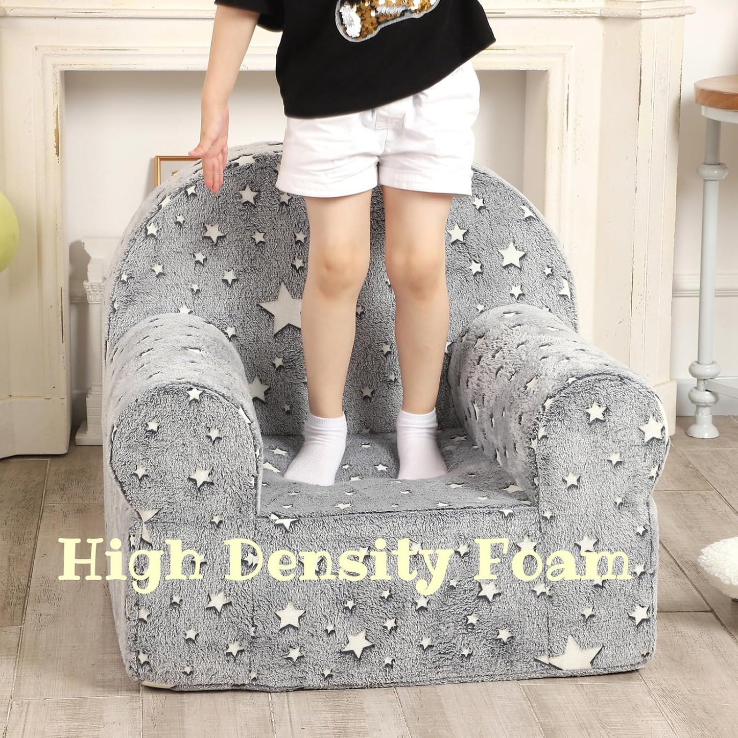 Little Star Kids Sofa with Star Throw Pillow, High Back Toddler Chair Glow in The Dark for Boys and Girls, Grey