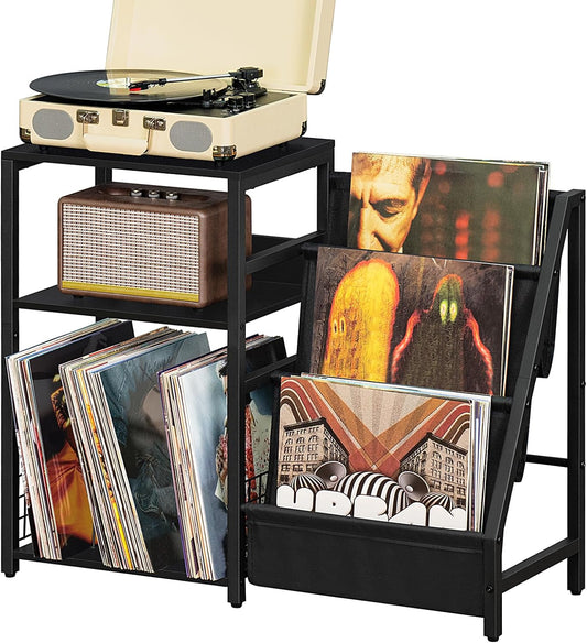 LELELINKY Black End Table,Record Player Stand with Vinyl Storage,3 Tier Side Table with Display Shelf Storage Up to 150 Albums,Industrial Large Record Holder Cabinet for Living Room