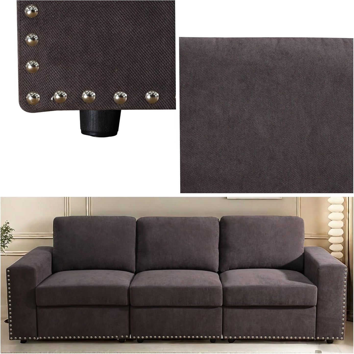 Sectional Couches for Living Room, 93″ Nail-Head Cloud Couches, Modern Comfy 3 Seater Sectional Sofa with Deep Seats for Bedroom, Office, Small Space, Brown