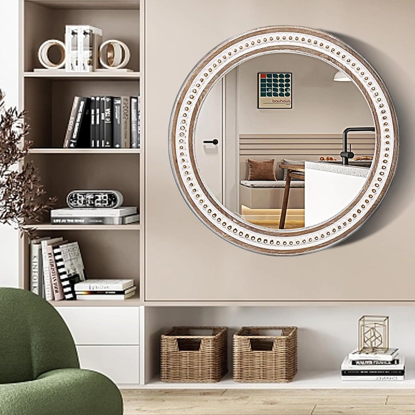 32'' Boho Wooden Large Round Wall Mirrors, Rustic Farmhouse Circle Mirrors Decorative Mirrors for Bathroom, Bedroom Over Sink, Living Room, Entryway