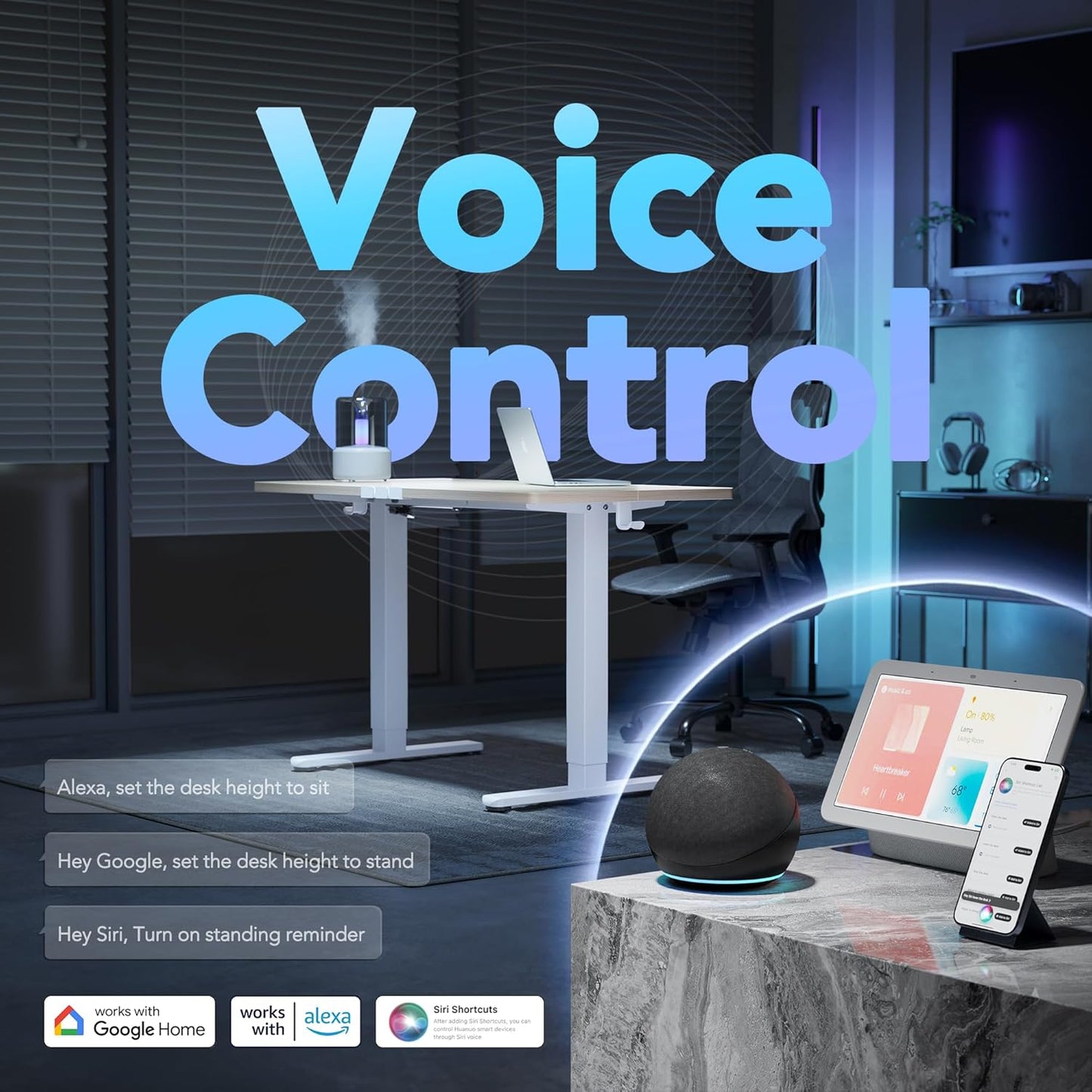 HUANUO 55 inch Electric Standing Desk with Smart APP, Alexa & Google Voice Control, Wi-Fi, Adjustable Height, 6 Memory Settings, Sedentary Reminder, Posture & Neck Care, Sit-Stand Desk, Light Walnut