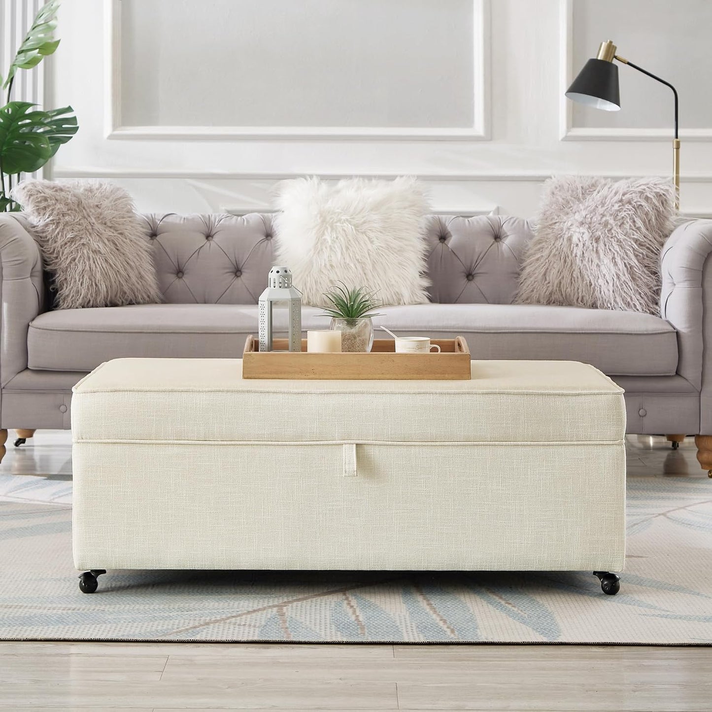 45" Modern Sofa Ottoman with Storage,Linen Upholstered Storage Bench with Rotation Casters and Safety Hinge, for Living Room,Ivory