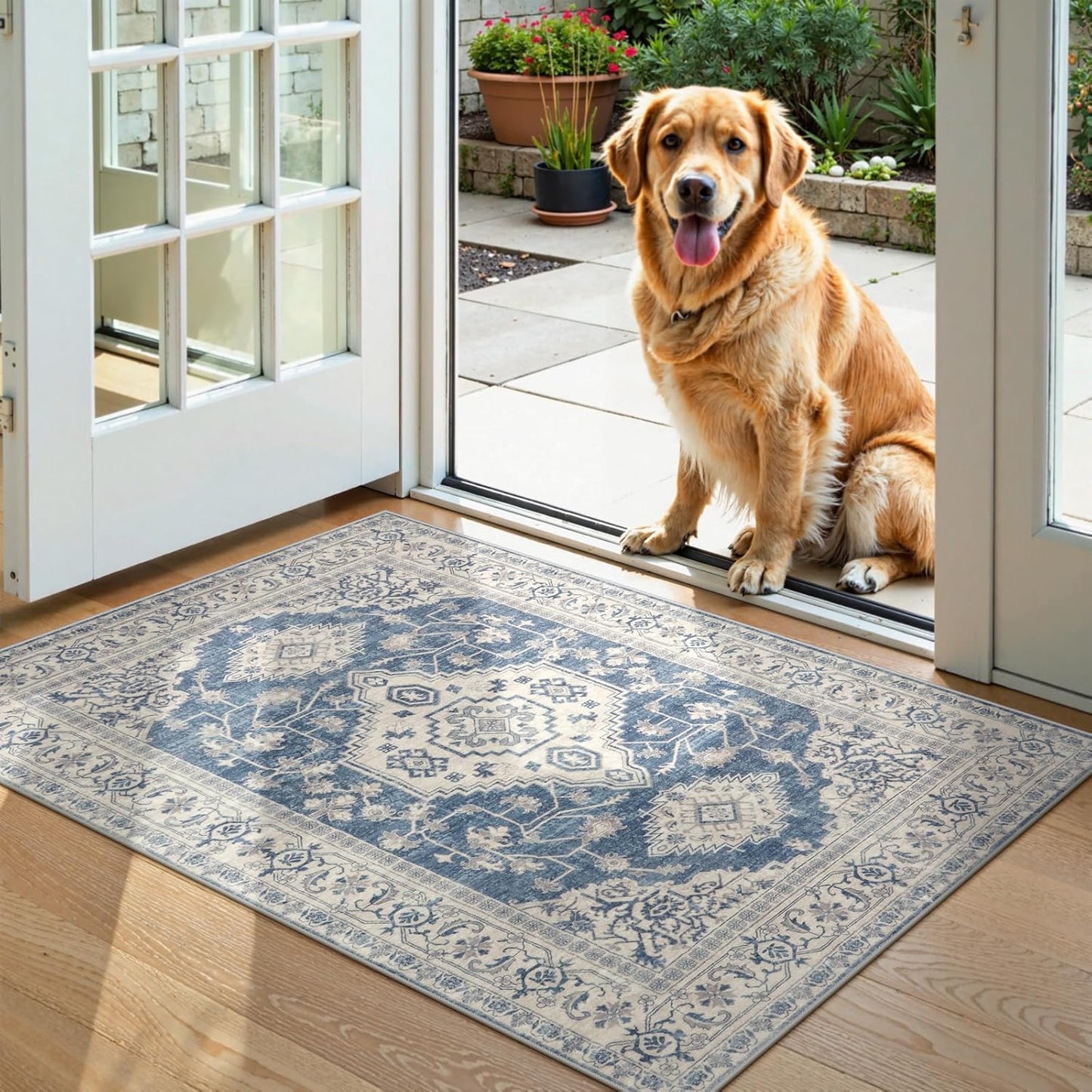 Lahome Oriental Washable Small Area Rug, 2x3 Rugs for Entryway Kitchen, Ultra-Thin Soft Indoor Door Mat Non Slip Throw Carpet for Bedroom Bathroom, Blue