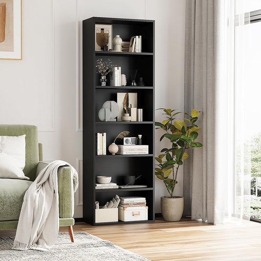 6-Tier Book Shelf, Floor Standing Open Bookcase, Wooden Display Storage Shelves with Anti-Tipping Device, 71" Tall Bookshelf for Bedroom, Living Room and Office, Black