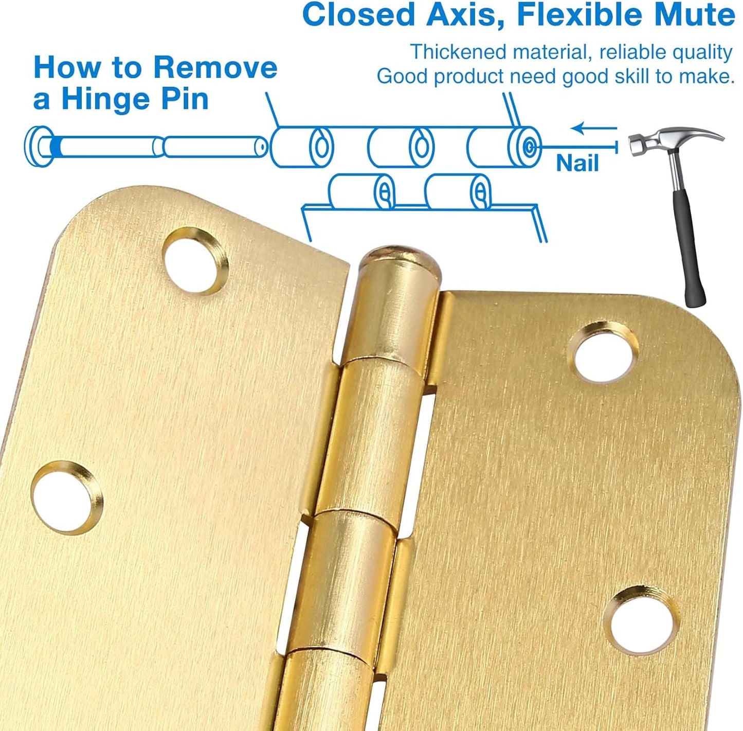 3 Pack Round Door Hinges 3-1/2" x 3.5 inch, 5/8 Radius, Brushed Brass 3 ½ Inch Satin Gold House Interior Hinge for Bed/Living/Guest/Pantry/Storage/Study/Work Room Doors Heavy Duty Iron Hardware Kit