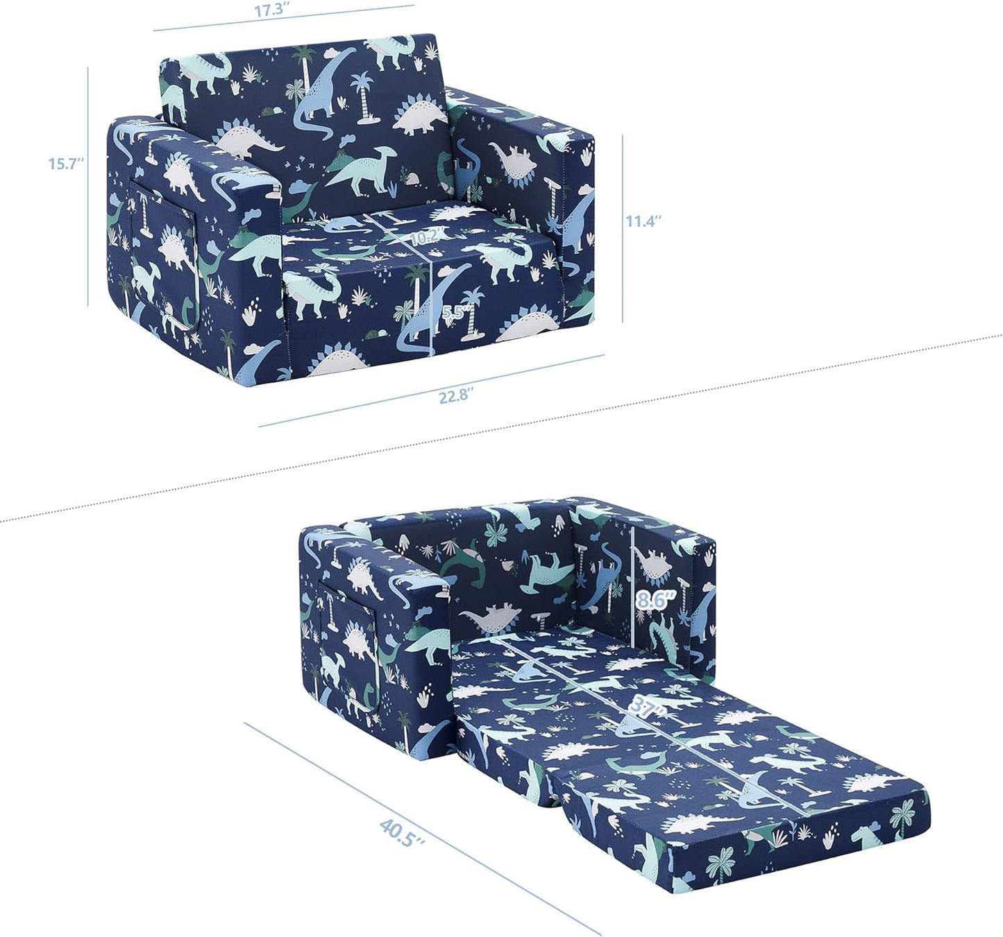 Ulax furniture Kids Sofa Chair for Reading, 2-in-1 Sofa Toddler Fold Out Couch, Convertible Sofa to Sleeper Couch (Navy Dinosaur)