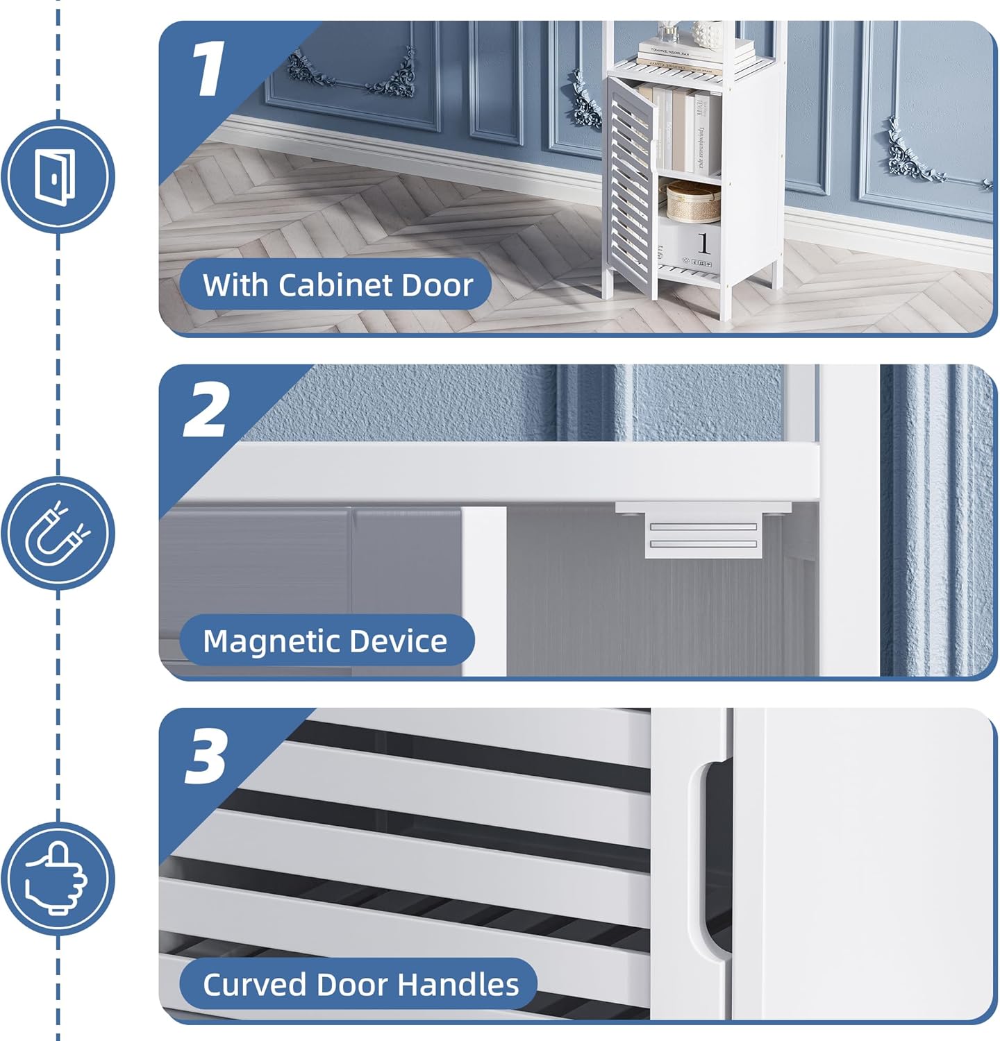 HITNET Bamboo Bathroom Storage Cabinet, 4 Tier Small White Floor Cabinet with Single Door, Free Standing Slim Narrow Storage Organizer for Bedroom Living Room