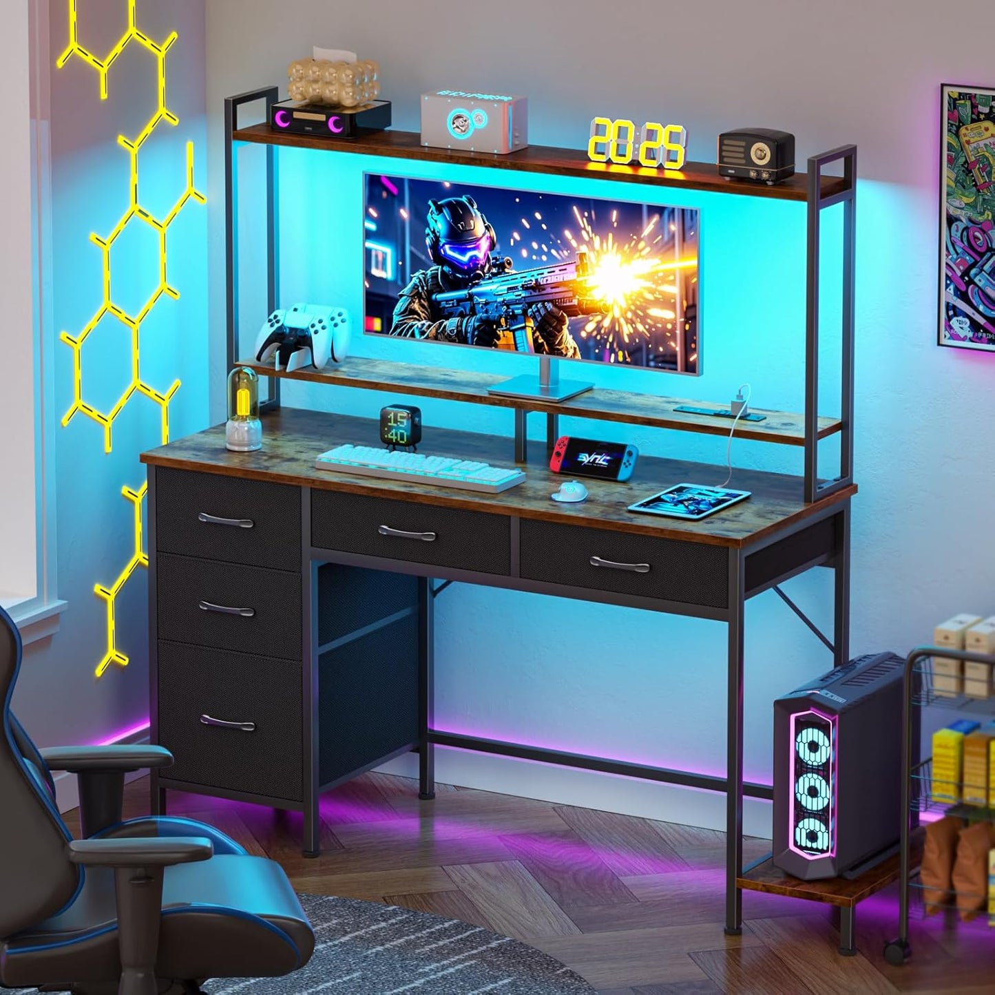 Computer Gaming Desk with Hutch, Home Office Desk with Power Outlets, LED Light, 5 Storage Drawers, 2 Tiers Shelves for Display, 47 Inch Modern Study Writing Table for Bedroom, Rustic Brown