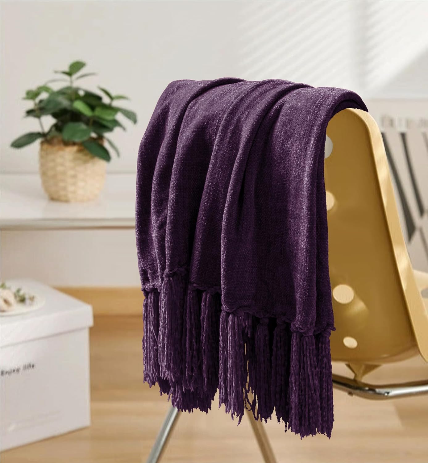 Chenille Throw Blanket for Couch 50"X 60", Soft Cozy Throws with Fringe Tassel for Bed Sofa Chair Cover, Lightweight Knitted Decorative Boho Blankets for Living Room, Dark Purple