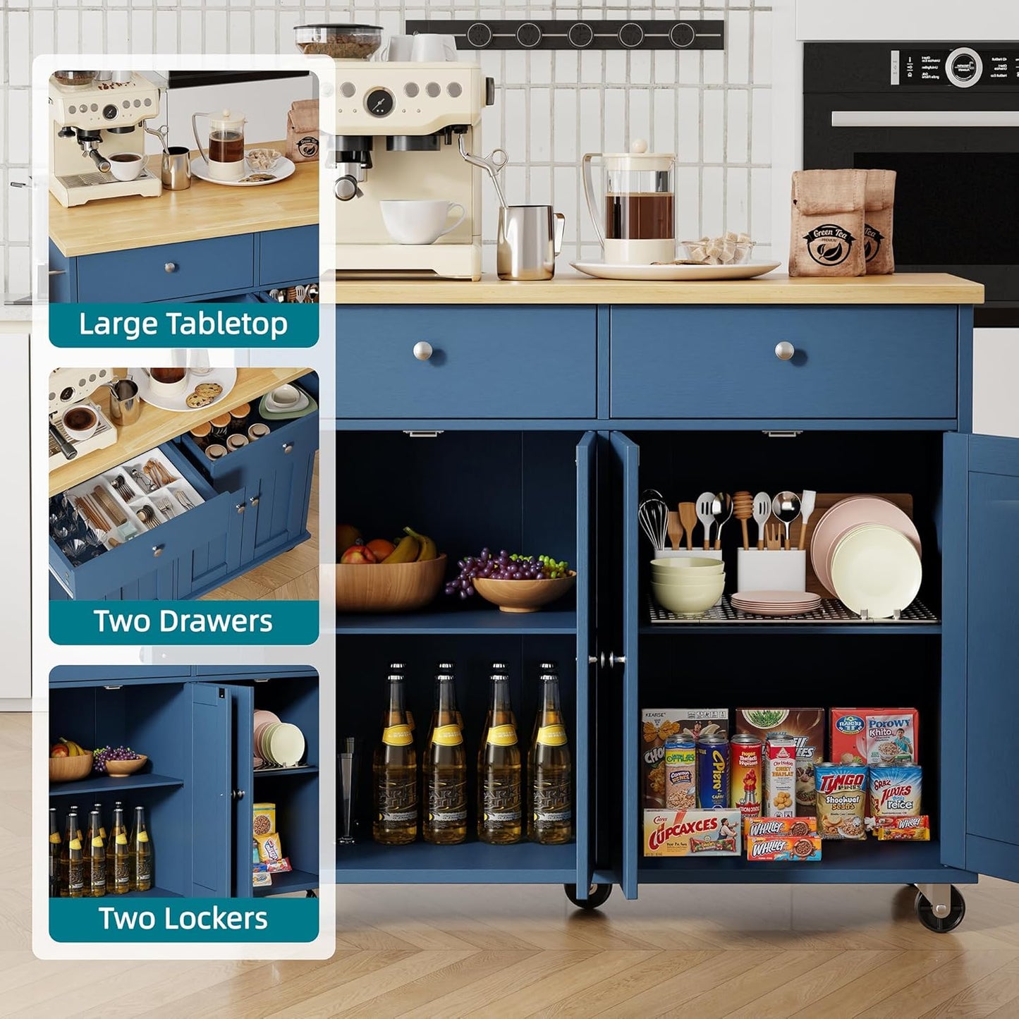 Shintenchi Kitchen Island with Drop Leaf, Rolling Kitchen Cart with Storage on Wheels, Table Bar Cart for Kitchen with Towel Rack & Seating Area for Dining Room, Blue