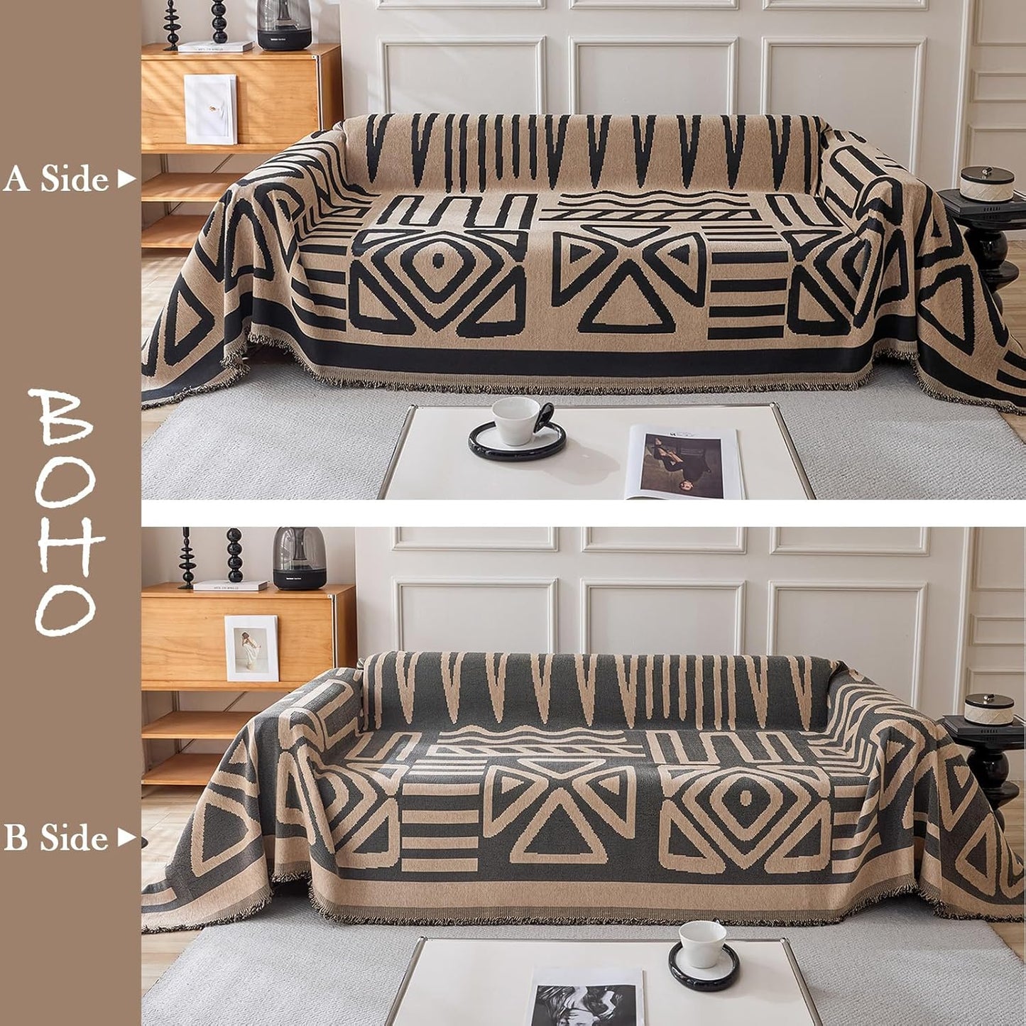 HANDONTIME Boho Geometric Couch Covers for Sofa Pet Friendly Taupe and Black Sofa Covers Washable Chenille Couch Blanket Cover for 3 4 Cushion Couches Pet Protector Furniture Cover Soft, 71" X 134"