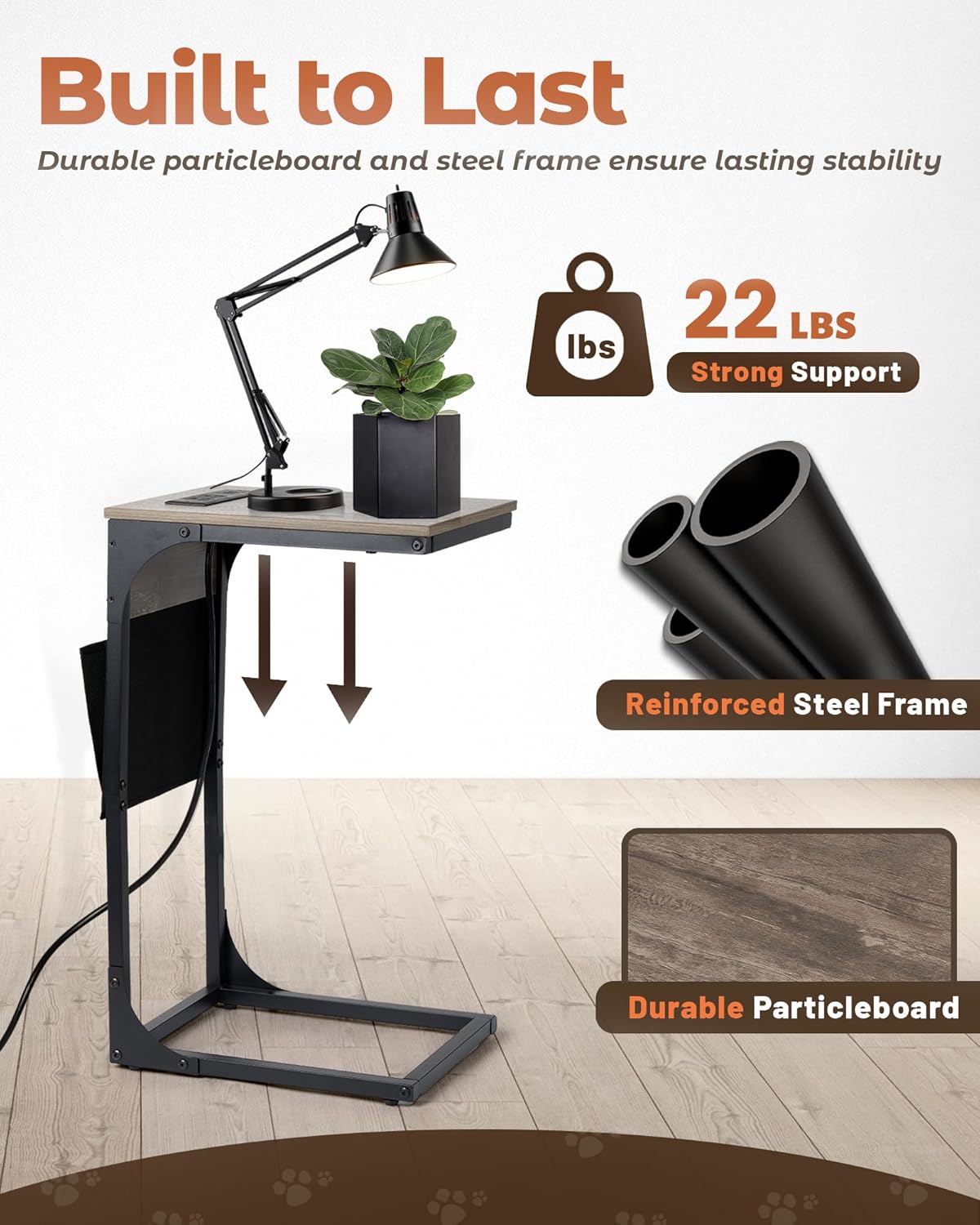 C Shaped End Table with Charging Station, Couch Side Table with Storage Pocket, Slide Under Couch Sofa Table Tray, Greige