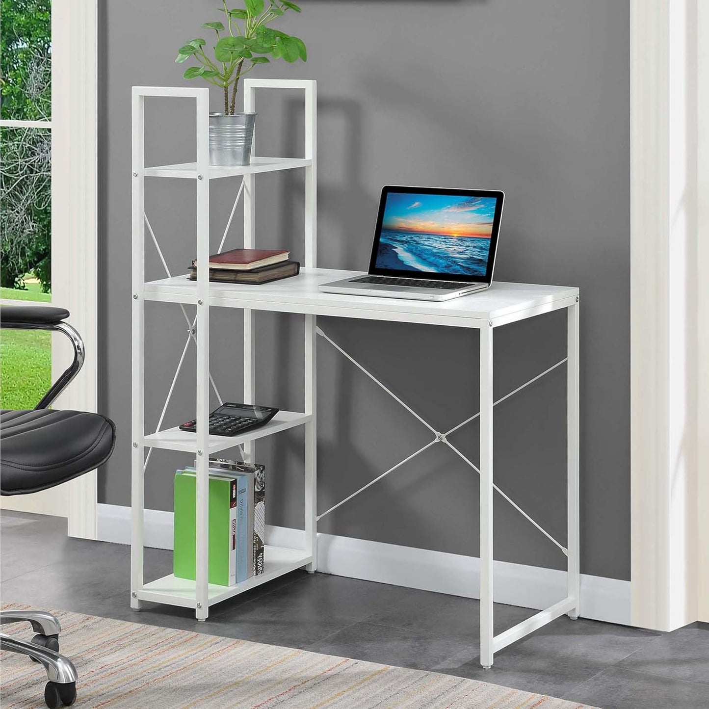 Convenience Concepts Desigsn2Go Office Workstation Desk 36" - Modern, Contemporary Writing Accent with Storage Shelves for Dorm Room & Home Study, White