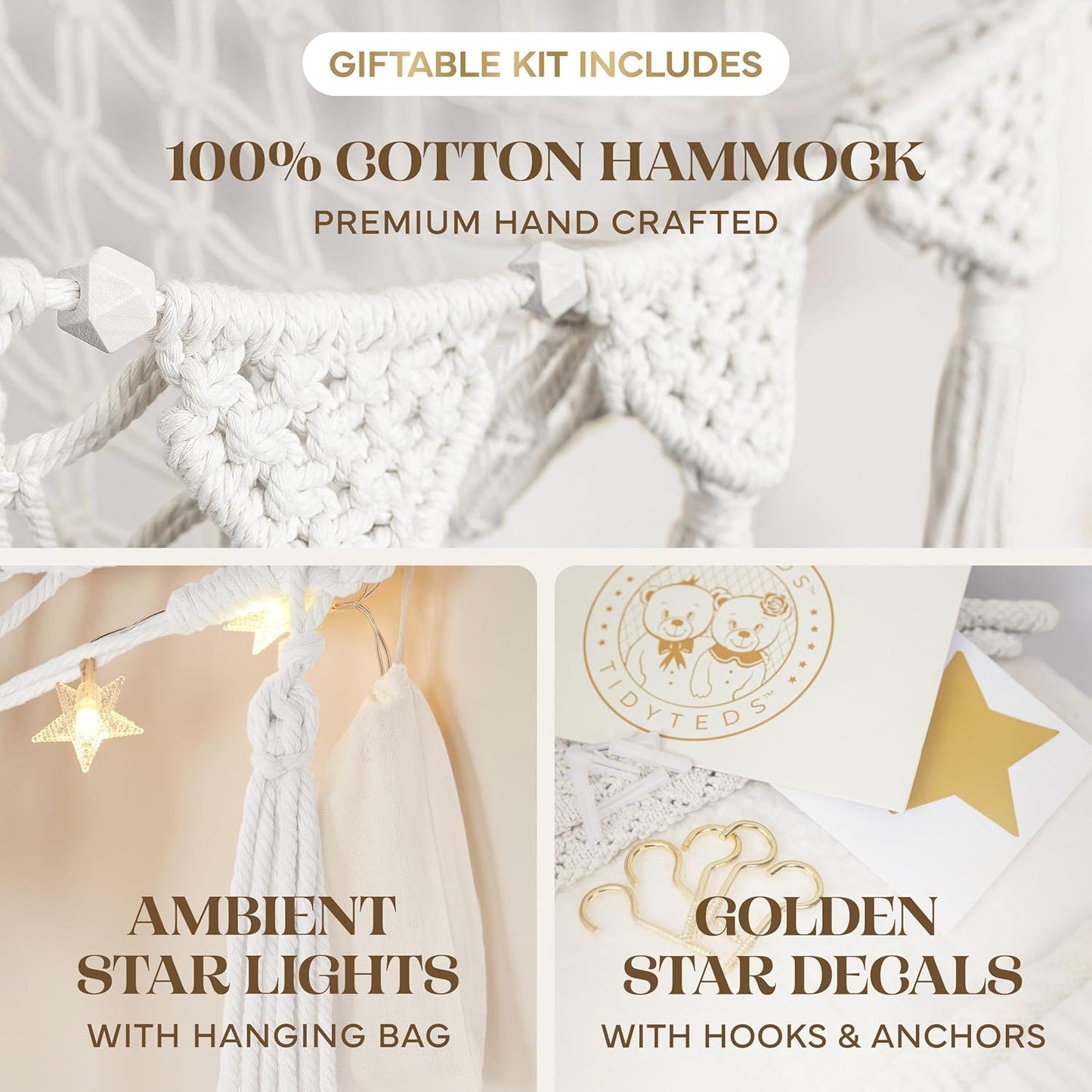 Snow White Macrame DreamLights Boho Stuffed Animal Storage Net (Extra Large) and Hammock for Small Plushies - Pure Cotton