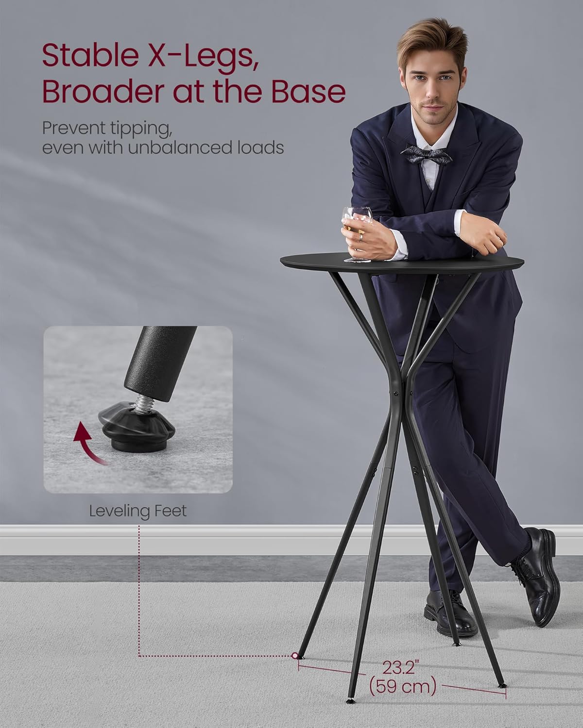 VASAGLE Bar Table, Round Cocktail High Top Pub Bistro Table for Events Party, Kitchen Dining, Home Bar, 23.6 x 23.6 x 41.3 Inches, Sturdy Metal Frame, Modern Style, Easy to Assemble, Black