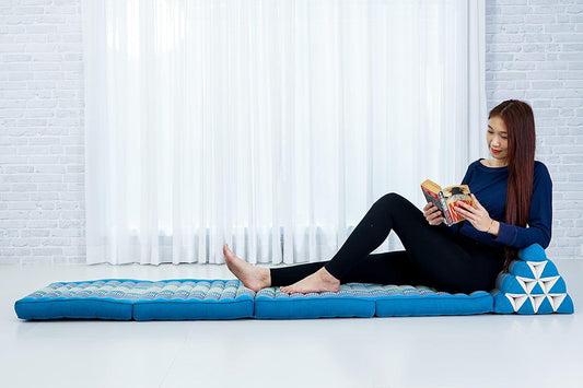 Leewadee Comfortable Japanese Floor Mattress - Thai Floor Bed with Triangle Cushion - Futon Mattress - XL Extra Long Thai Massage Mat, 89 x 20 inches, Light Blue, Kapok Filling