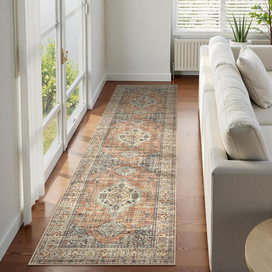 Lahome Oriental Hallway Runner Rug, 2.5x8 Kitchen Runner Non Slip Ultra-Thin, Soft Washable Hallway Rug Distressed Non Shedding Long Carpet for Entryway ‎Laundry Room Bathroom, Peach/Orange