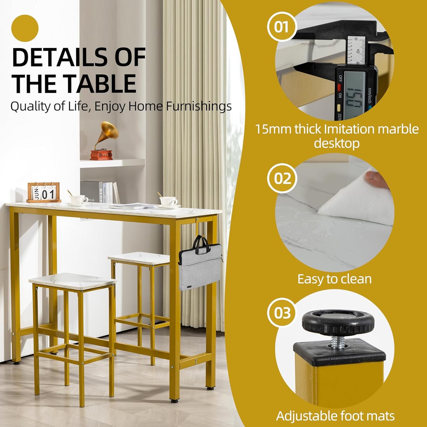 Finnhomy 52.7" Industrial Bar Table Set with 2 Stools - Counter Height Dining & Pub Table for Small Spaces, Kitchen, Apartment, Nook - Metal & Wood, Space-Saving Furniture - White Marble and Gold