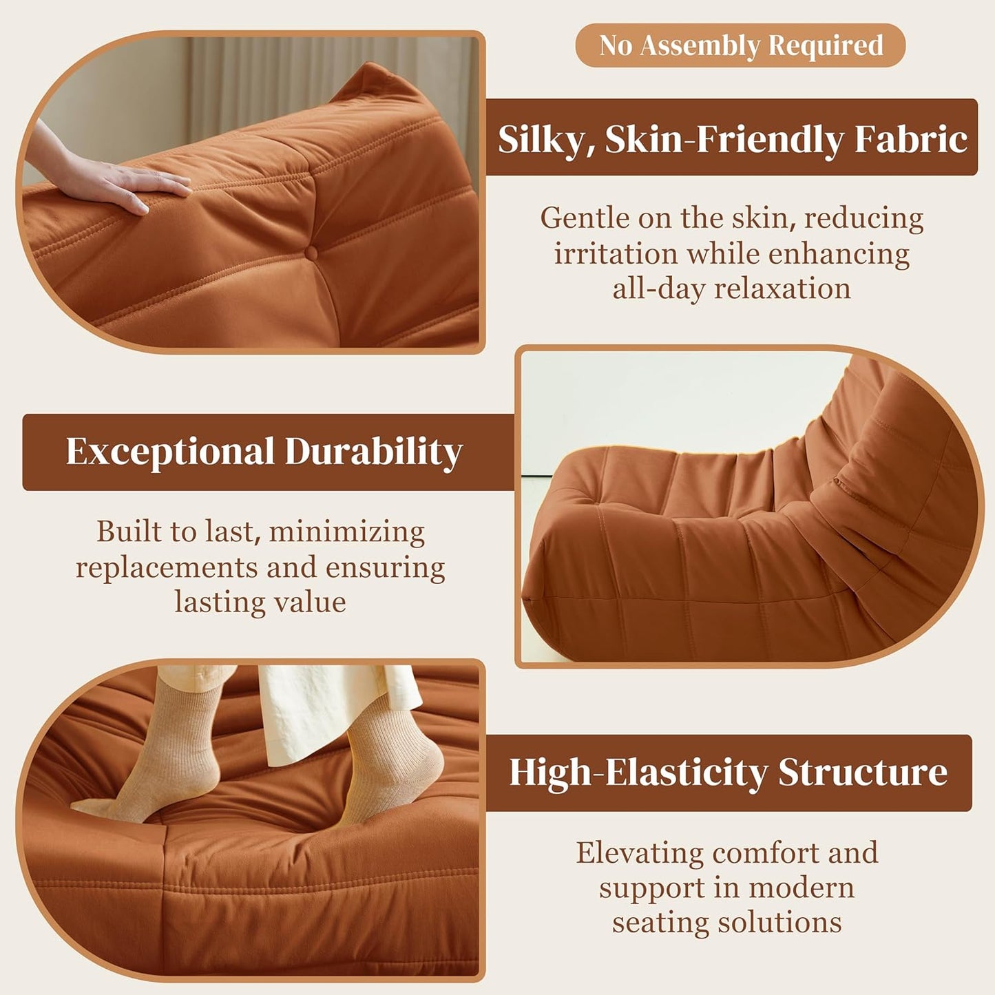 Bean Bag Chair, Fireside Chair Bean Bag Sofa for Adults, Bean Bag Chairs for Teens with High-Resilience Foam, Memory Foam & Non-Slip Base Bean Bag for Living Room, Bedroom, Office (Suede,Burnt Orange)