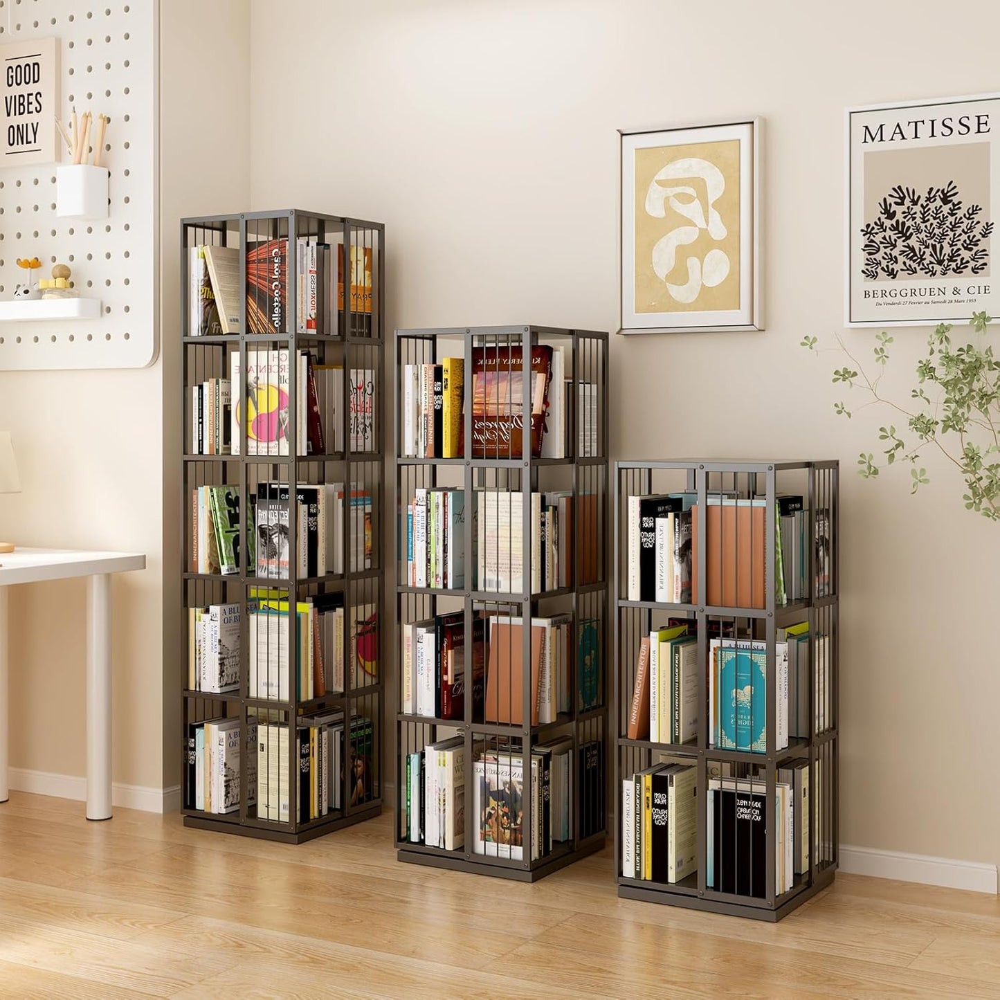 Square Rotating Bookshelf Tower - 360 Spinning Display Corner Bookcase for Narrow Space, Modern 5-Tier Revolving Storage Shelf, Black