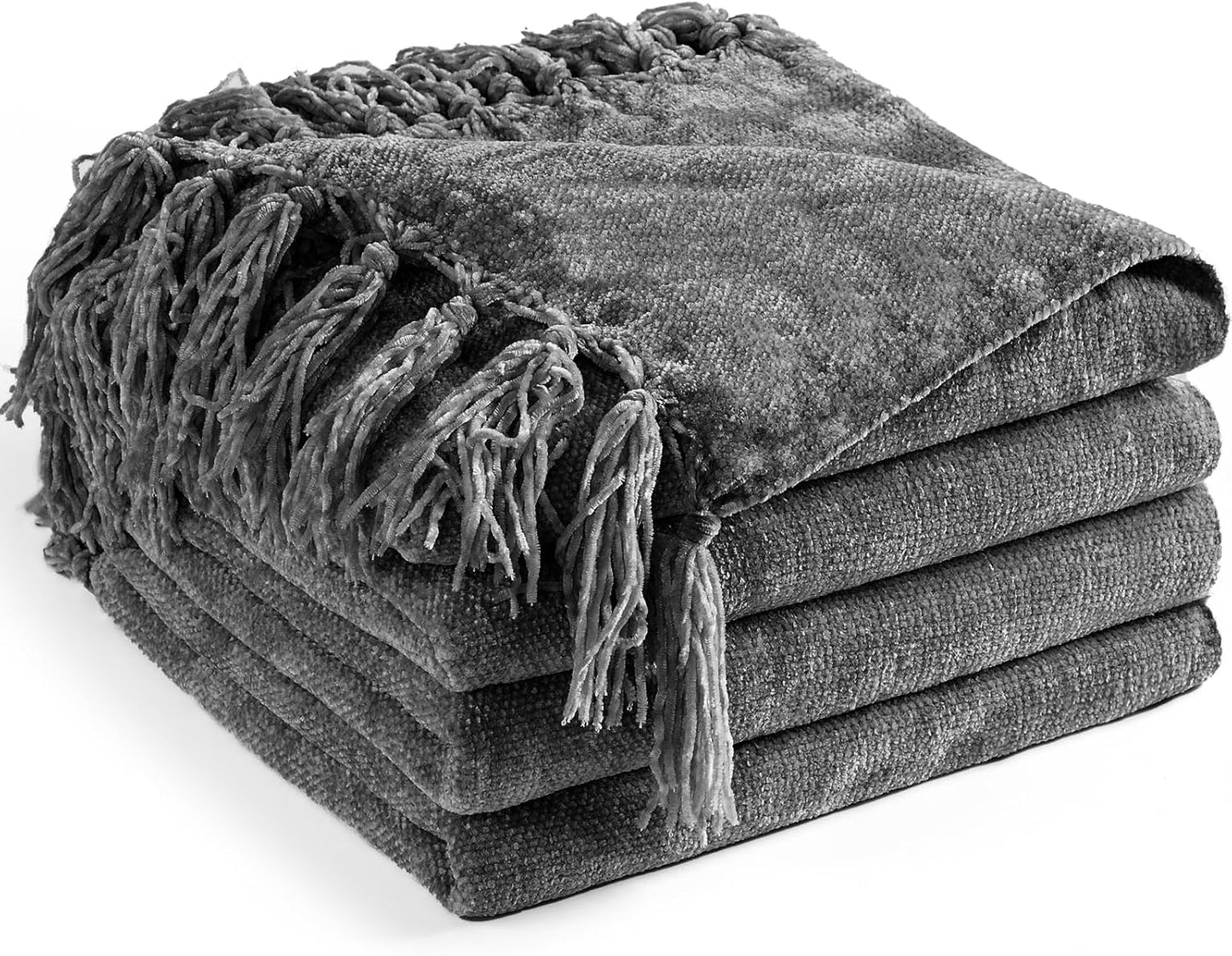 Chenille Throw Blanket for Couch 50"X 60", Soft Cozy Throws with Fringe Tassel for Bed Sofa Chair Cover, Lightweight Knitted Decorative Boho Blankets for Living Room, Dark Grey