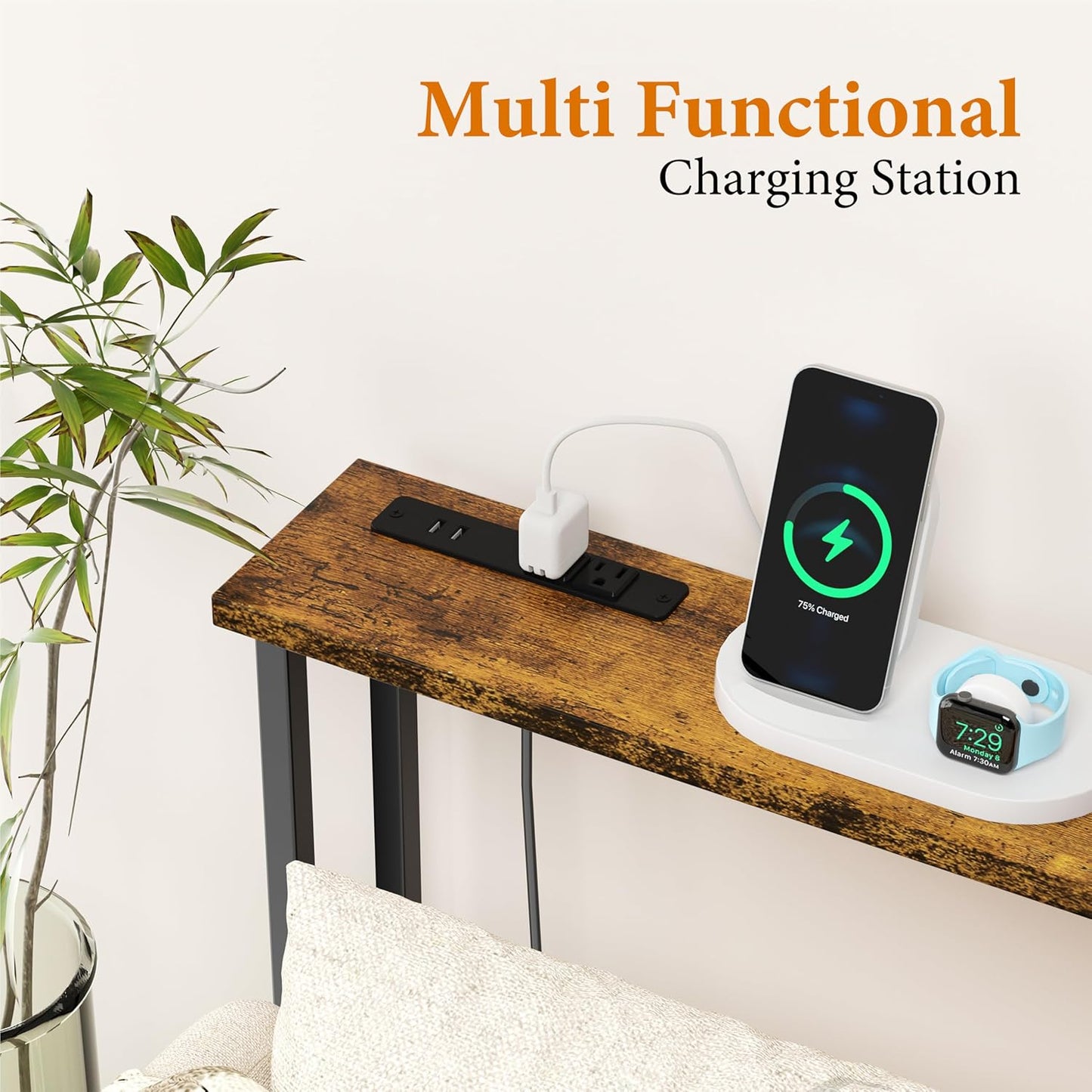 GRLEAF 39" Narrow Console Sofa Table with Built-in Power Strip (4 AC Outlets & 4 USB Ports) – 4.9ft Power Cord, Metal Frame, Easy Assembly, Ideal for Behind Couch, Hallway, and Office | Rustic Brown