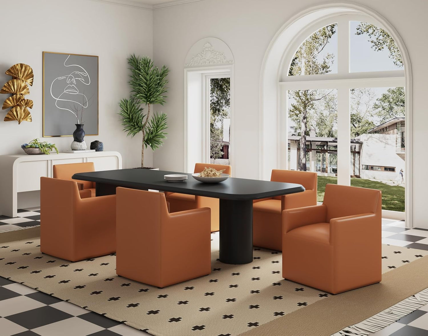 Manhattan Comfort Anna Square Modern Dining Chair with Arms, Head-to-Toe Faux Leather Upholstered Accent Armchair with Plastic Foot Padding, Set of 1, Saddle