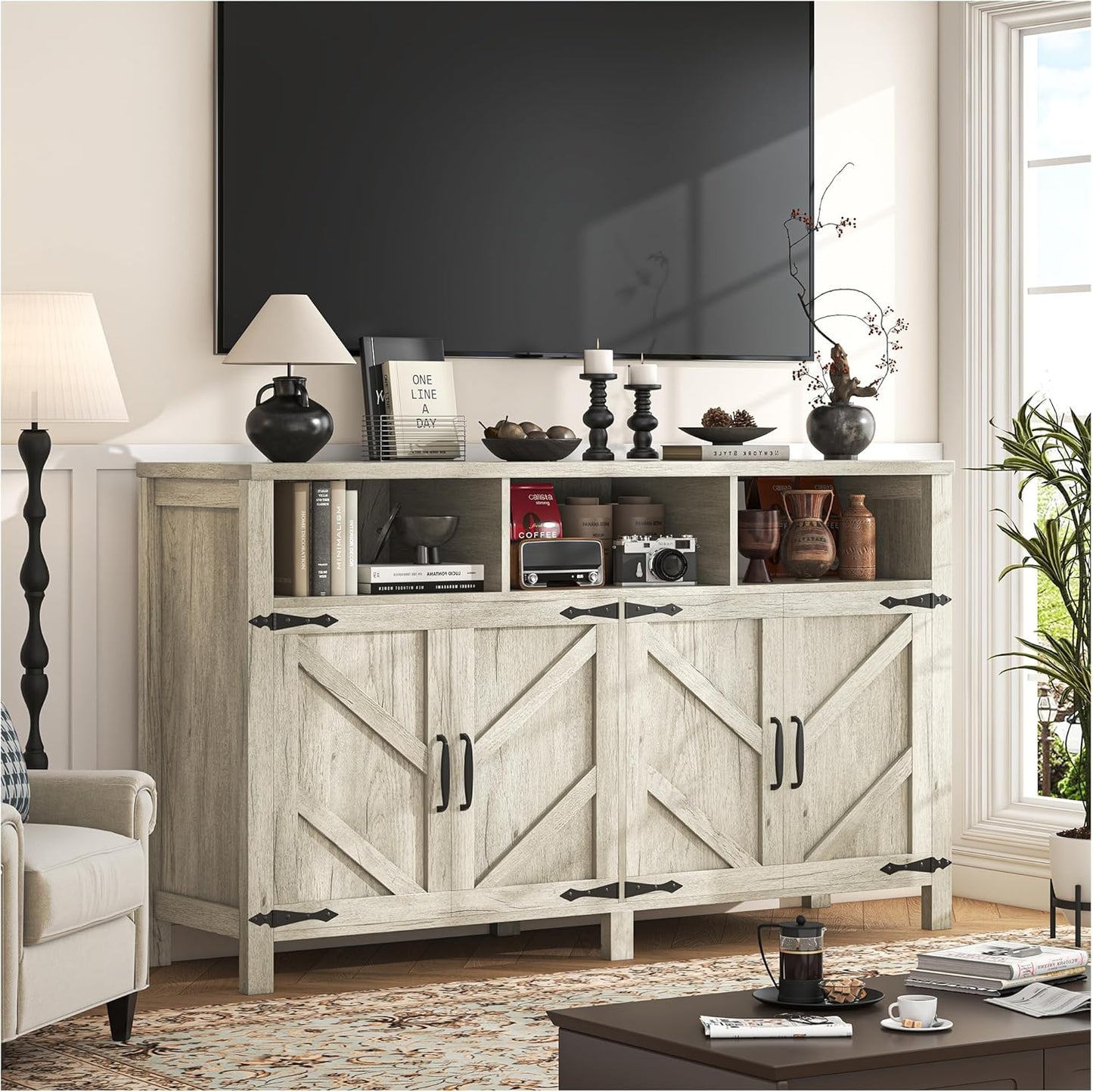 Buffet Cabinet with Storage Farmhouse with 4 Doors, 55'' Large Kitchen Storage Cabinet Wood Coffee Bar Buffet Sideboard for Kitchen, Dining Room, Entryway