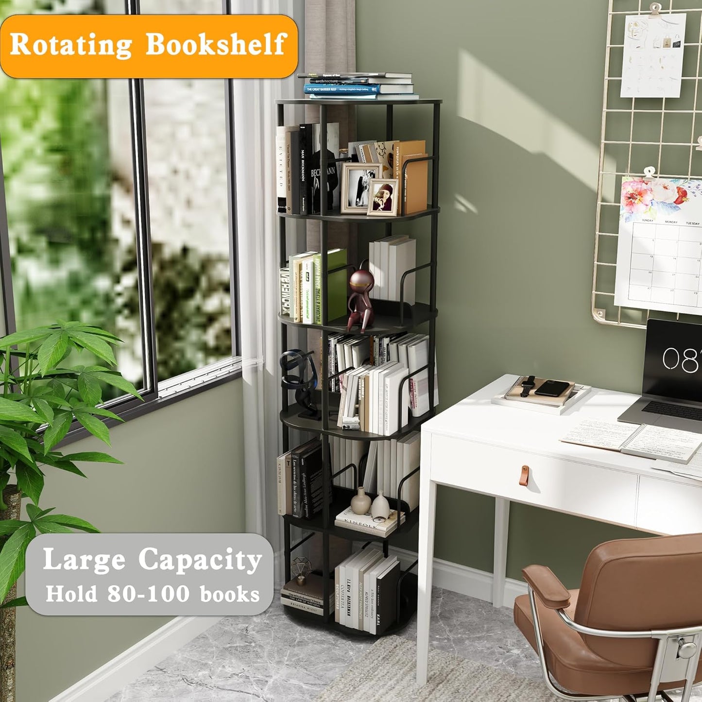 5-Tier Rotating Bookshelf, 360 ° Display Stackable Spinning Bookshelf Tower, Narrow Space Saving Tall Floor Standing Swivel Bookcase Corner Organizer for Bedroom, Living Room, Black