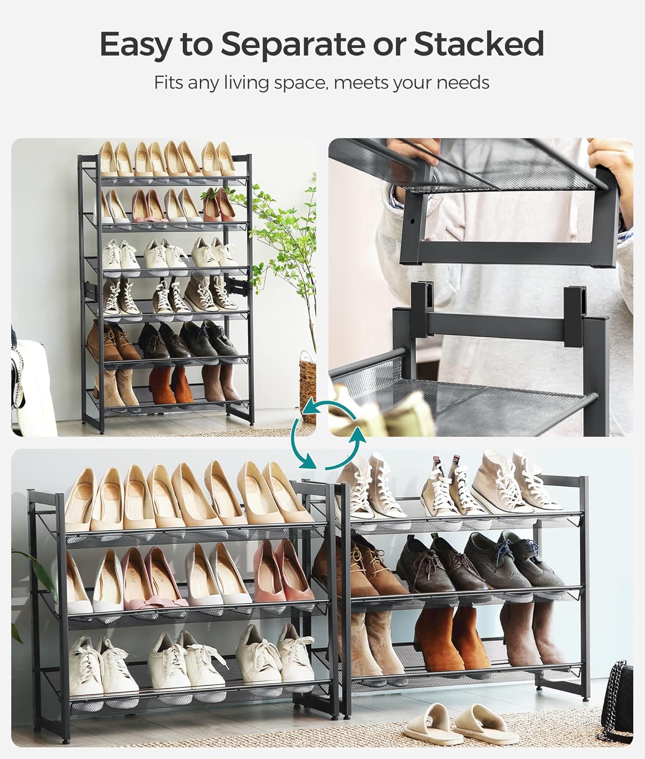SONGMICS Shoe Rack, 6-Tier Shoe Organizer, Metal Rack for Garage, Set of 2, 3-Tier Stackable Shelf, with Adjustable Flat or Angled Shelves, 18-24 Pairs, Charcoal Gray ULMR003G02