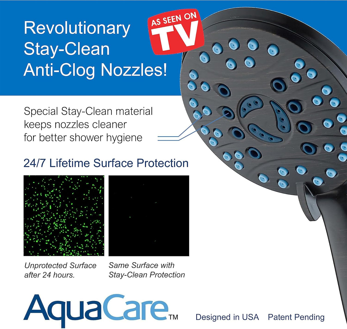 Hotel Spa AquaCare High Pressure 8-mode Handheld Shower Head, Anti-clog Nozzles - Built-in Power Wash to Clean Tub, Tile & Pets, Extra Long 6 ft. Stainless Steel Hose, Wall & Overhead Brackets