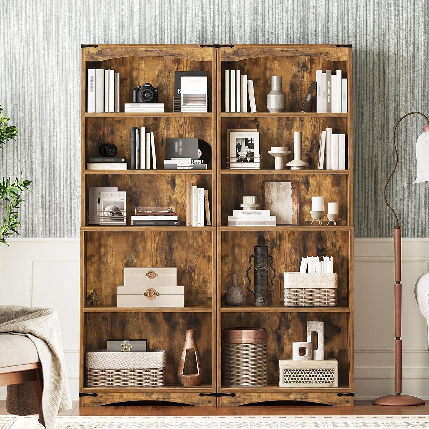 Tall Bookcase and Bookshelf, 6-Tier Bookcase with Storage, 63" Wooden Bookshelf, Farmhouse Freestanding Display Storage Shelves for Home Office, Living Room, Rustic Brown SJ09BR