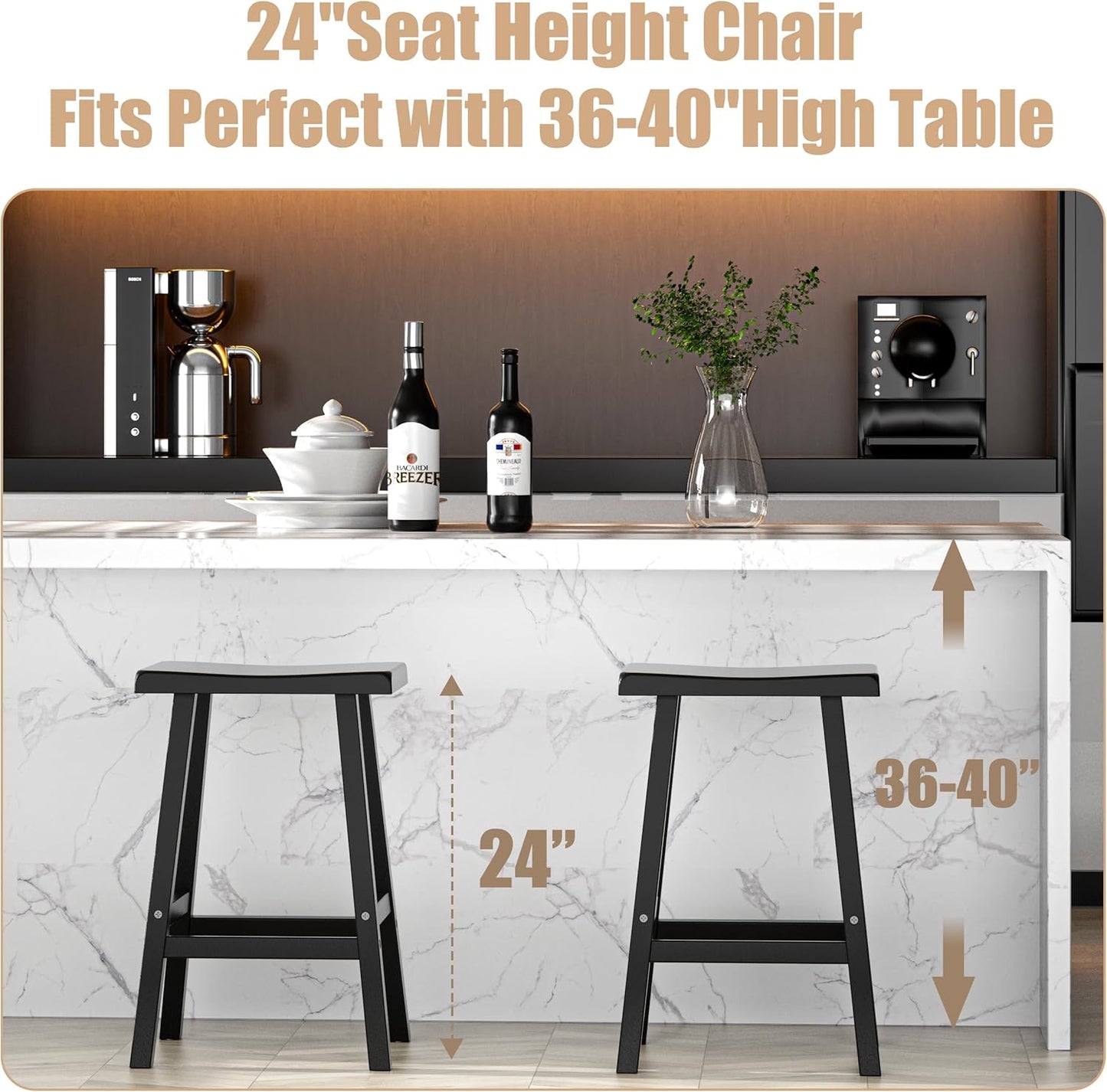 Bar Stools Set of 2, Waterproof UV-Resistant,Durable Resin Kitchen Island Chairs for Indoor & Outdoor Use, Modern Design for Home,Bar,and Cafe (24“)