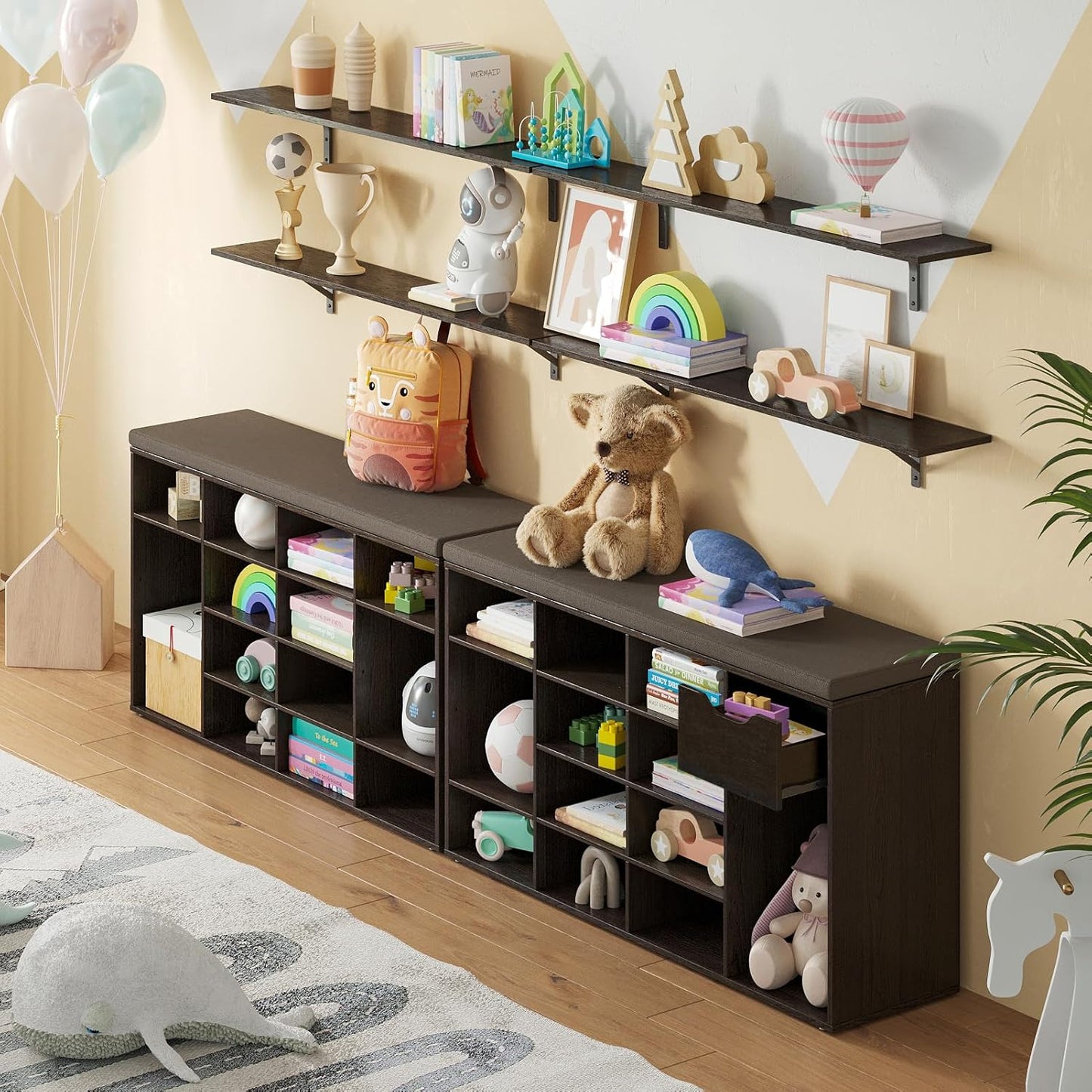 DINZI LVJ Shoe Bench, Entryway Storage Bench with Drawer and 15 Cubbies, Cubby Shoe Rack with Adjustable Shelves, Shoe Organizer Cabinet for Living Room, Bedroom, Mudroom, Closet and Garage, Espresso