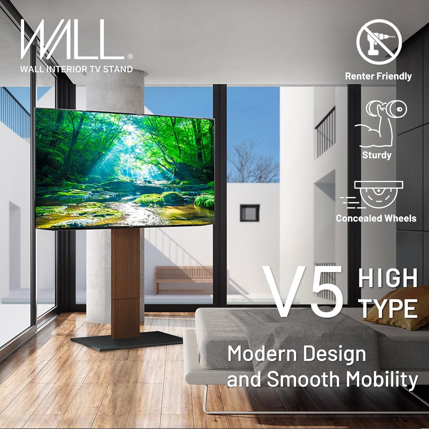 WALL V5 High Type | Minimalist Rolling TV Stand for 32–80 Inch | Walnut | Portable, Space Saving, Height Adjustable, No Drill | for Living Room and Bedroom | Japanese Design & Engineering