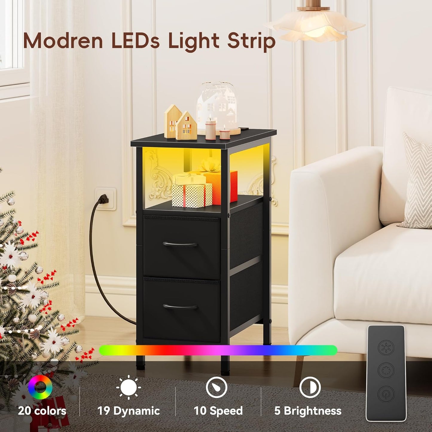 Vagusicc Black Nightstand with Charging Station and LED Lights, Narrow Side Table, LED Night Stand with 2 Fabric Drawers, Bedside Table with USB Ports and Outlets, Tall Nightstand for Bedroom, Black