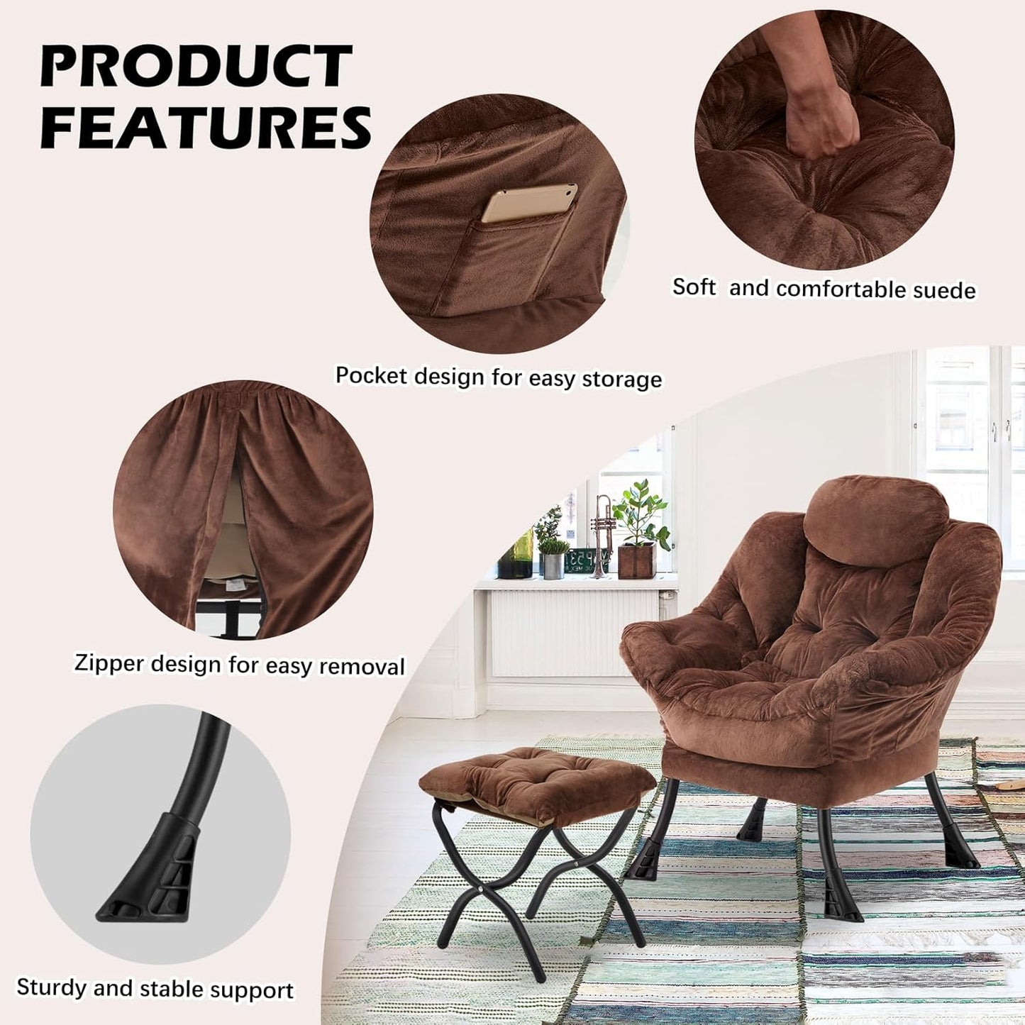 Lazy Chair with Folding Ottoman,Leisure Sofa Chair,Soft Fabric Armchair with Armrests and Side Pockets, Reading Chair with Footrest for Living Room, Bedroom, Office (Plush Dark Brown)