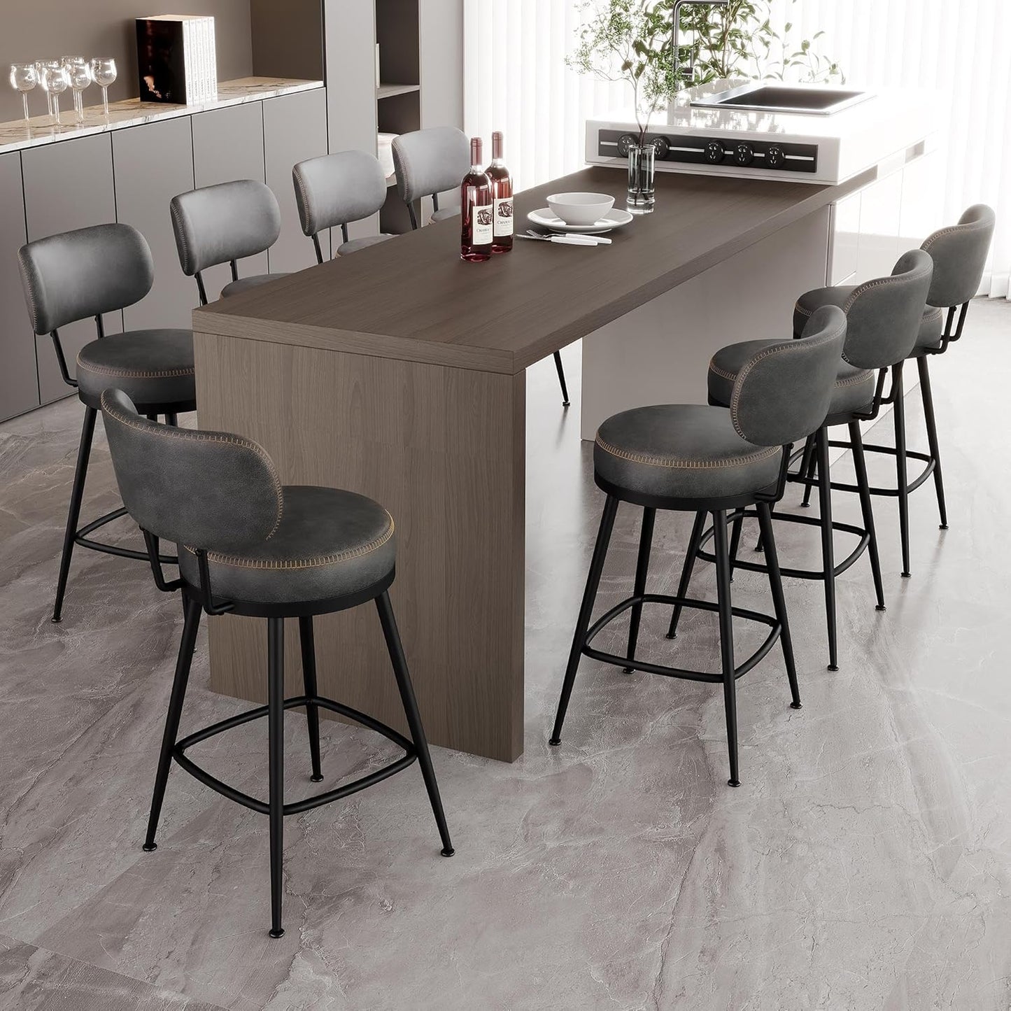 Counter Height Bar Stools, 26" H Swivel Barstools Set of 8, Faux Leather Kitchen Counter Stools with Back and Stylish Stitching, Metal Frame, Pub, Home Bar, Black Grey