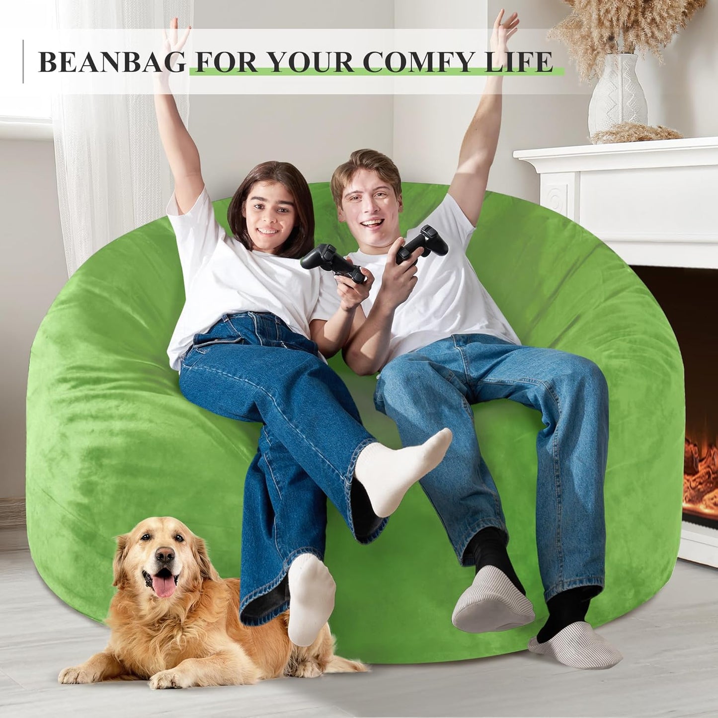 Homguava 5 FT Bean Bag Chair: 5' Bean Bags with Memory Foam Filled, Large Beanbag Chairs Soft Sofa with Dutch Velvet Cover-Lime