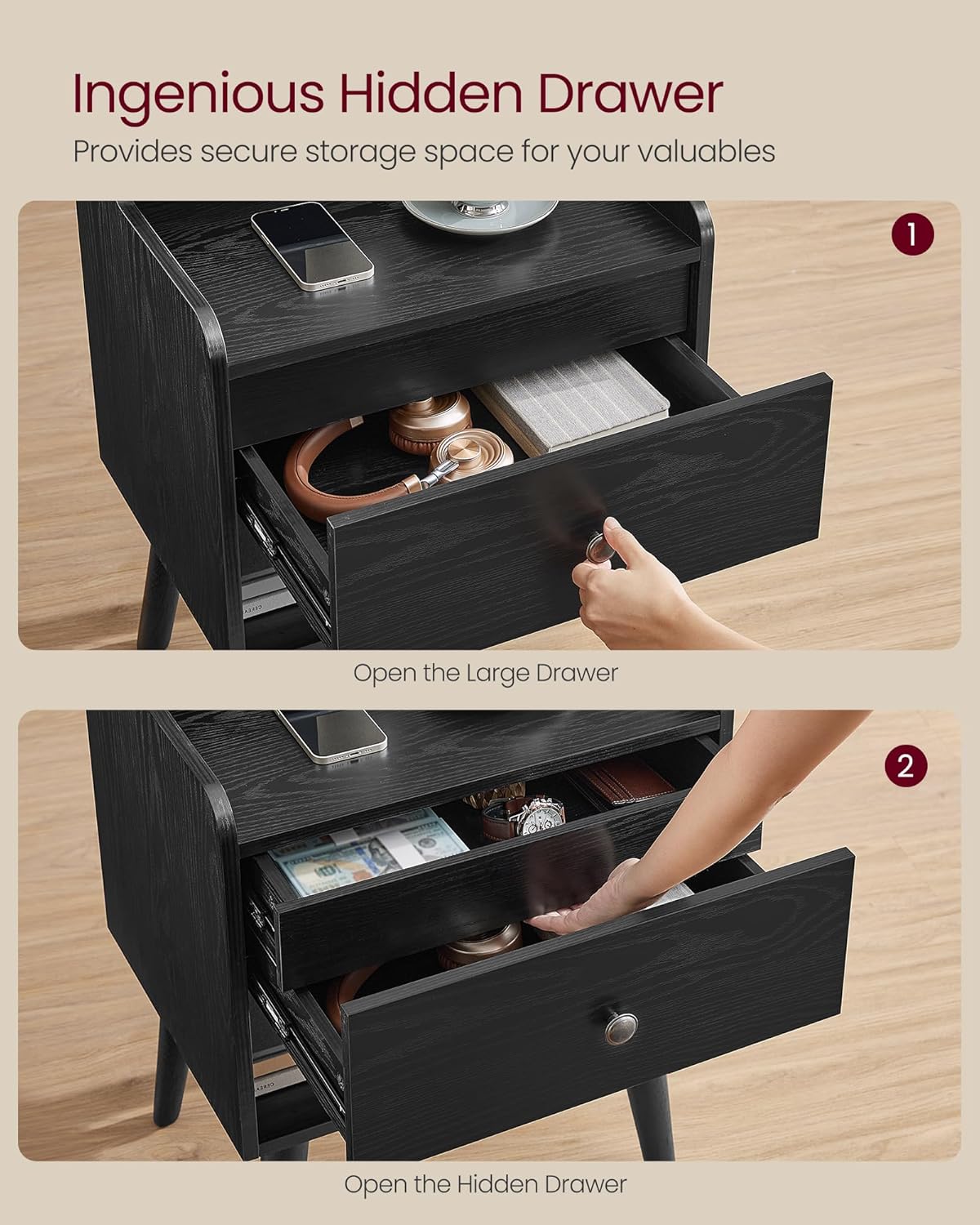 VASAGLE Nightstands, Set of 2, Bedside Tables with Hidden Drawers, Mid-Century End Side Tables with Solid Wood Legs, for Bedroom, Ebony Black ULET624B01